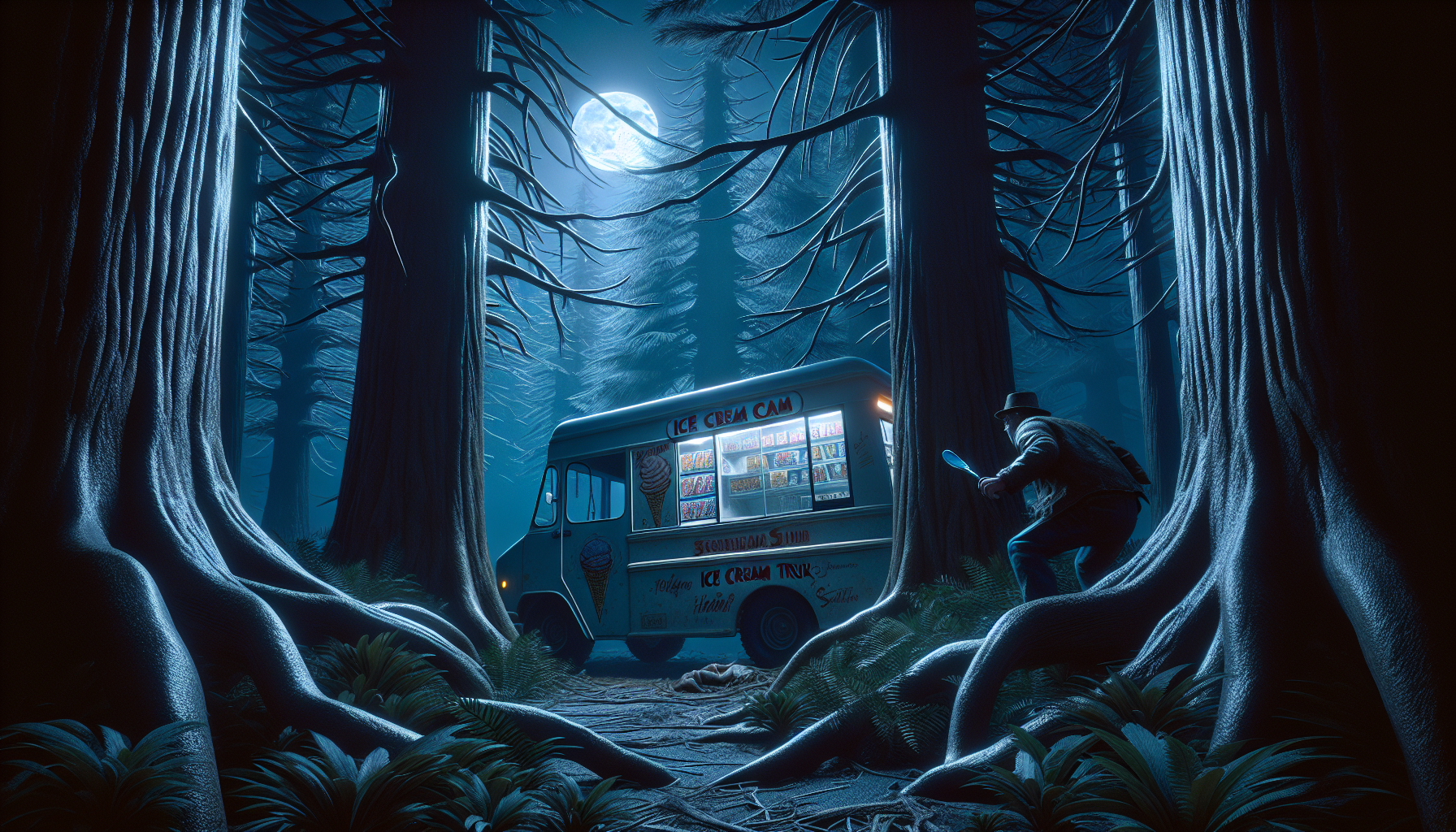 Cinematic wide shot, nighttime in a dark forest. A weathered, creepy ice cream truck is parked between two massive, twisted pine trees. Inside the open service window, Rod the Ice Cream Man is slumped over, sleeping. Eerie moonlight filters through the branches. In the foreground, a player is crouching behind a bush, peeking out. High contrast, blue and cold tones, 8k resolution, gaming horror aesthetic."