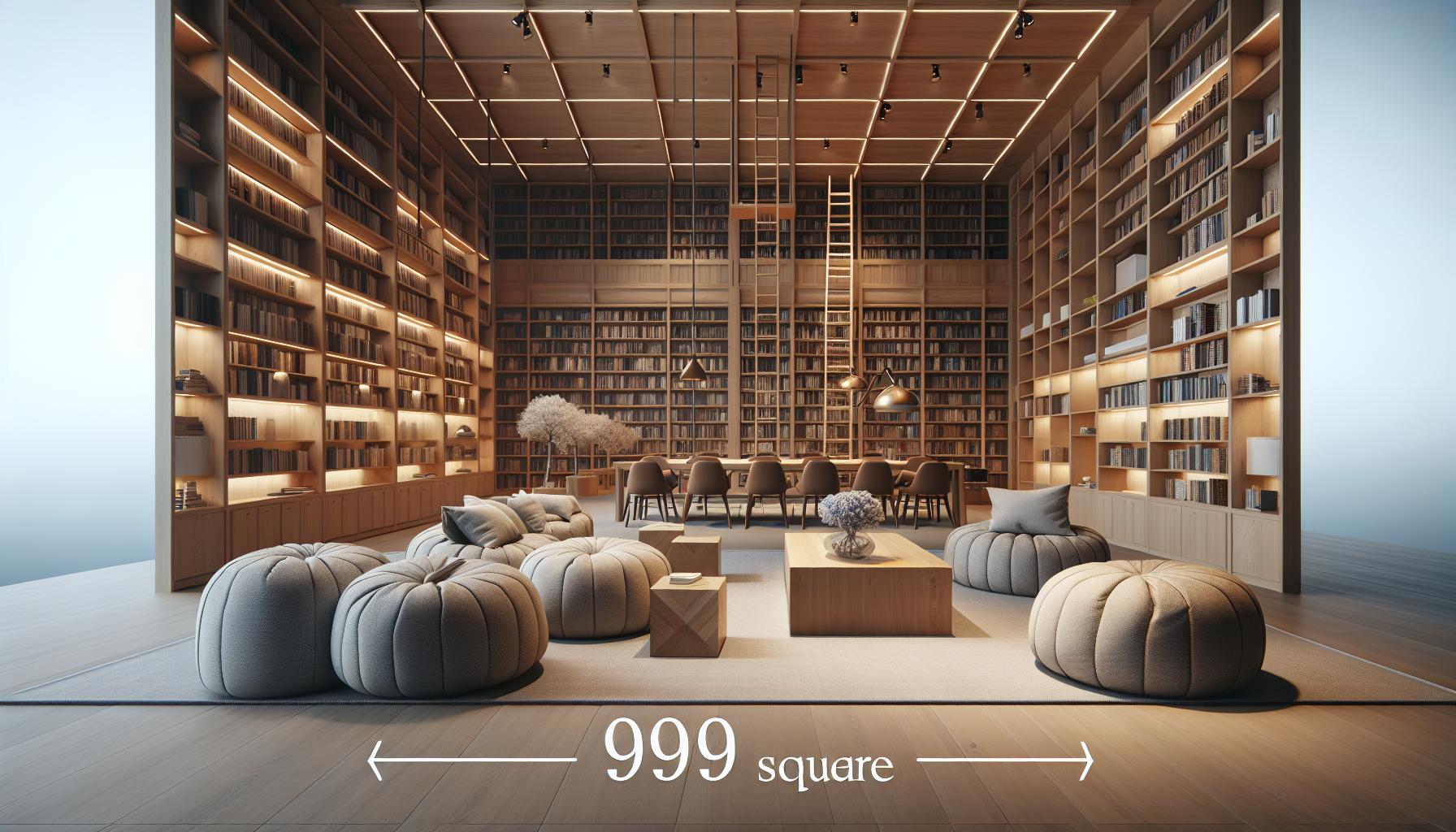 Crea una librería de 999 m cuadrados, con las estanterías desde el techo al suelo, echo con la madera de roble, con una escalera que se mueva, con unos pufs para sentarse y unas lámparas modernas, y con mesas de madera de roble