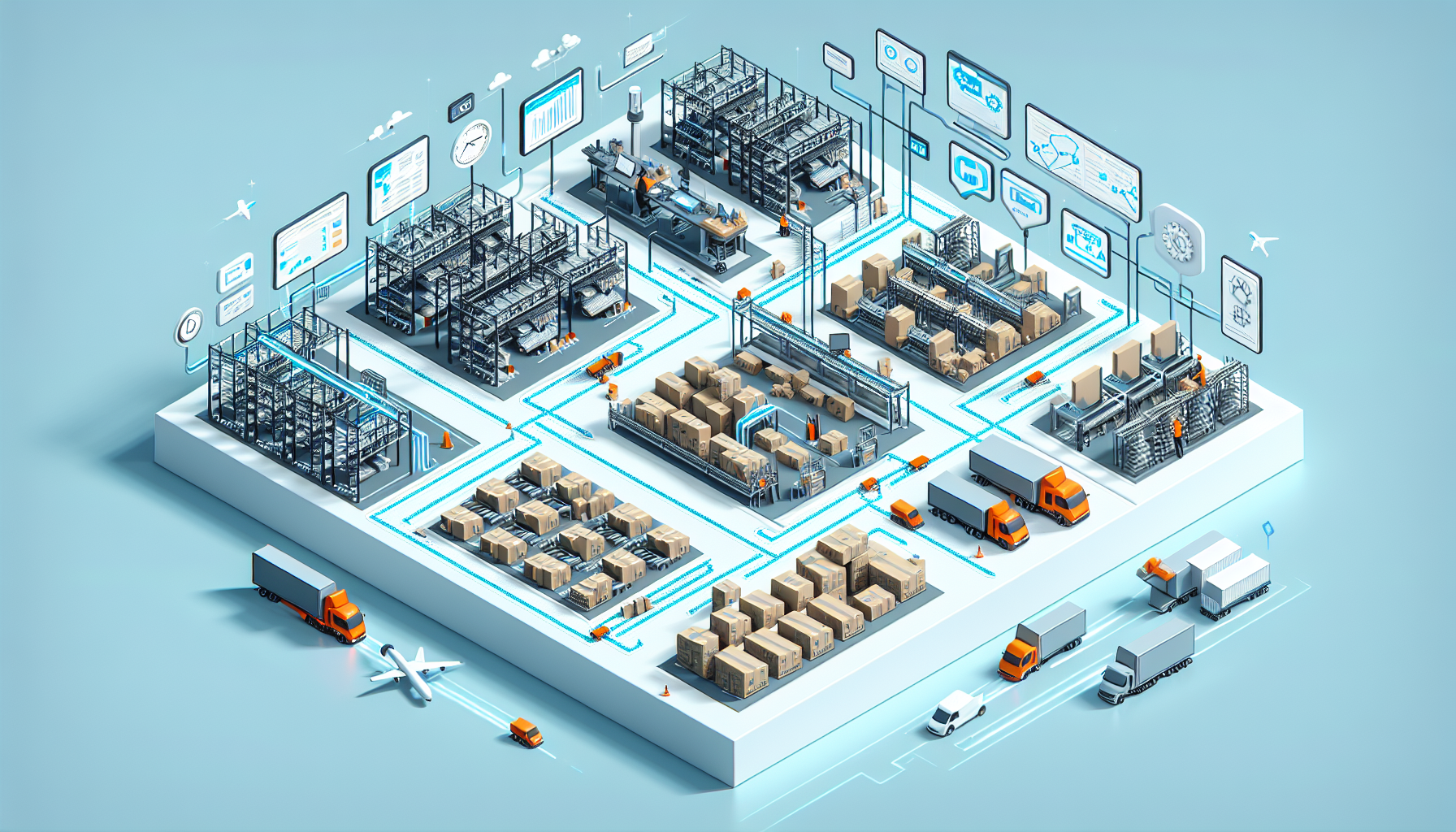 isometric illustration of fulfillment and logistics system, showing warehouse management, order processing and delivery network in a connected workflow, orange highlight elements with black and white base, clean composition, minimal modern design, bright tones, high detail, 4k, no text