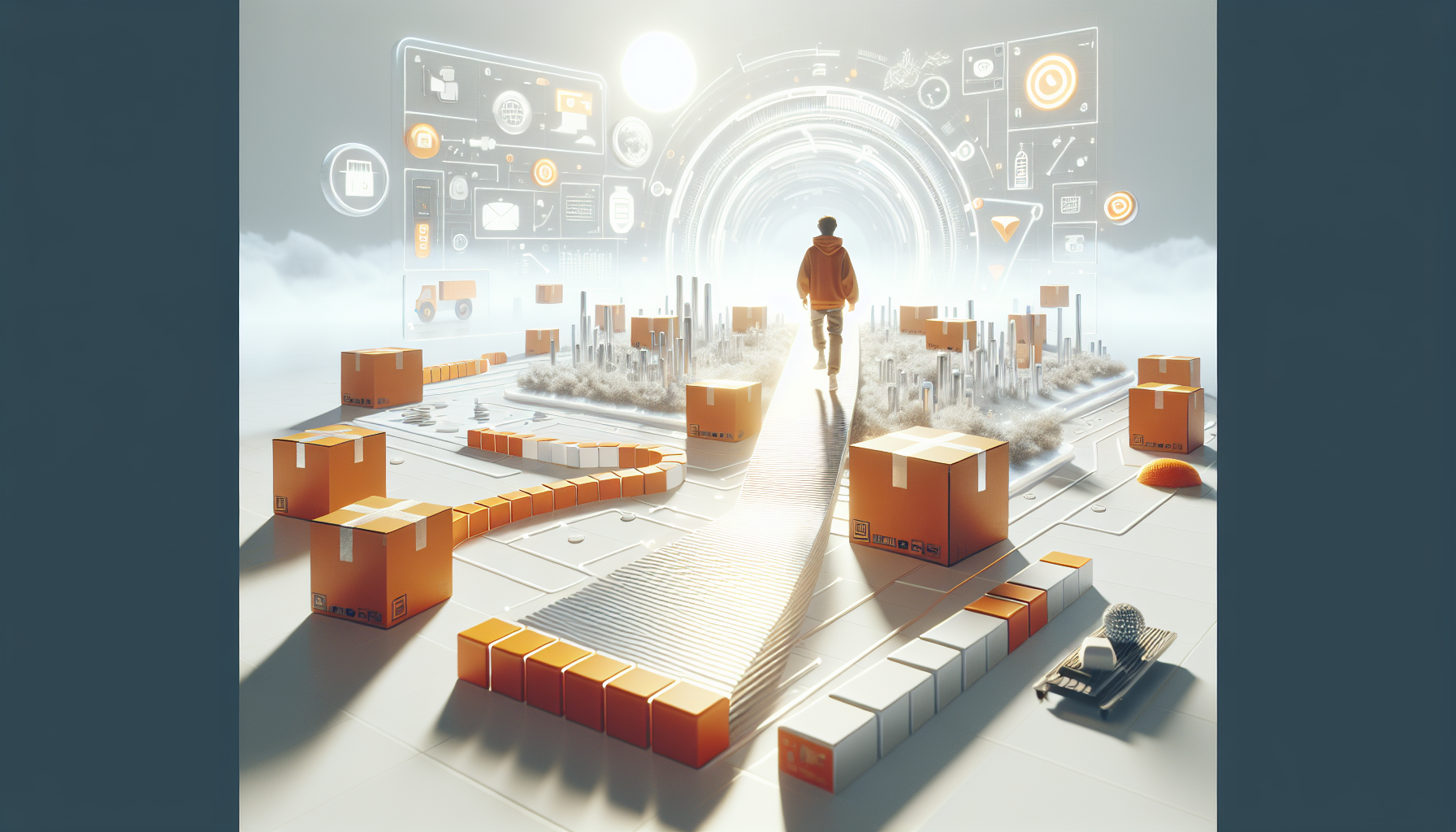 a futuristic concept showing a person stepping into an Amazon-branded digital marketplace path, surrounded by abstract product boxes and delivery elements, symbolizing the journey to become an Amazon seller in 2026, clean white background, soft orange accent highlights inspired by Amazon theme, bright lighting, minimal modern composition, ultra realistic, 4k, no text, no letters, no numbers, no logos
