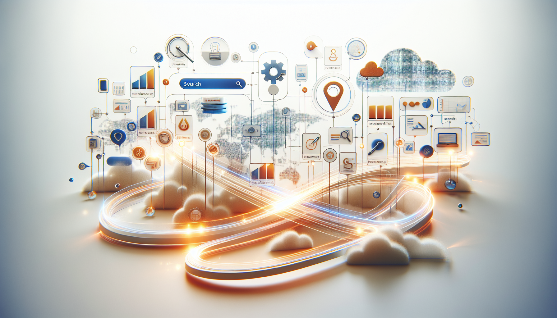 conceptual image showing a digital product research flow with abstract search bars, product icons, and ranking graphs connected by glowing lines, clean layout, white background with orange and blue highlight accents, soft lighting, minimal modern design, high resolution, no text, no typography, no logos