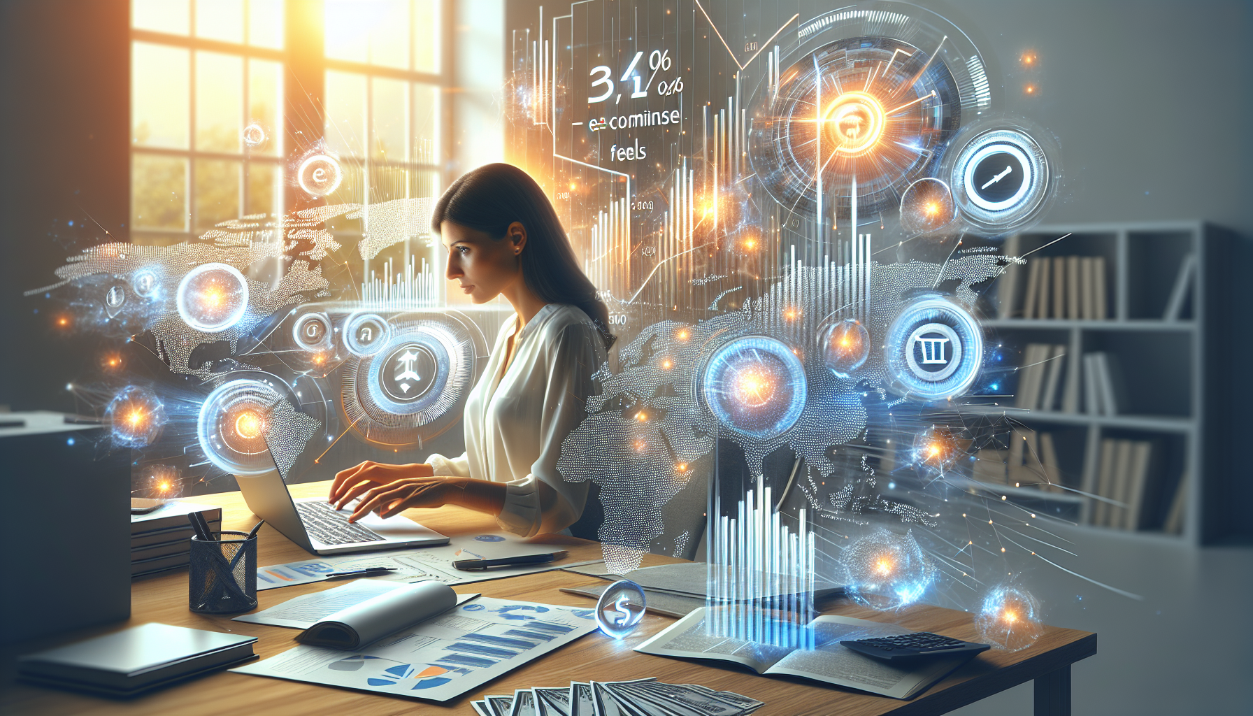a modern desk setup with a person analyzing Amazon referral fees on a laptop, abstract glowing charts and commission meters floating above, soft natural daylight, orange, blue, and white color palette inspired by Amazon e-commerce theme, ultra realistic, 4k, no text, no letters, no logos