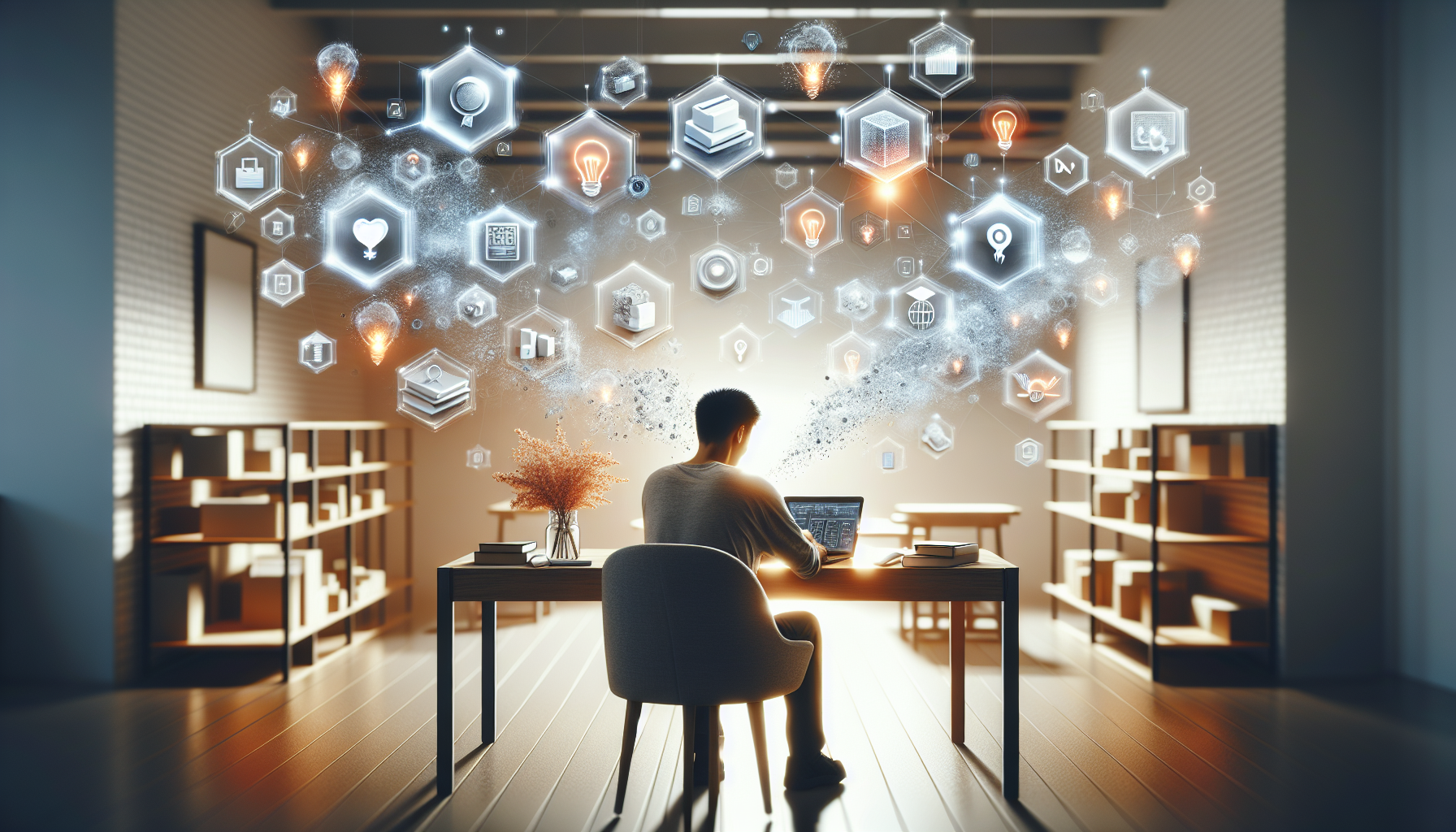a modern desk setup with a person analyzing multiple inventory-free business models on a laptop, abstract floating product icons and digital flows above, no physical inventory present, soft natural daylight, orange, blue, and white color palette inspired by Amazon theme, ultra realistic, 4k, no text, no letters, no logos