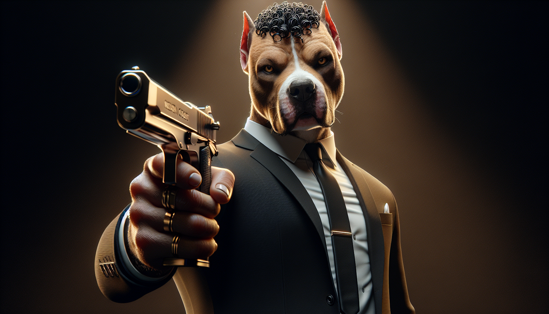 A hyper-detailed, captivating digital illustration of an anthropomorphic American Pit Bull Terrier, wearing a black suit, white button shirt and black tie, stands menacingly with an outstretched hand, holding a nickel-plated Star Model B 9mm pistol, finger on the trigger. low camera angle. The bulldog wears his hair in an iconic, glossy jheri curl style. He has a super intense stare that pierces the viewer soul. Low camera angleSet against a dramatic dark unfocused background, eerie. the scene is illuminated by rich golden back lighting and ray-traced lighting effects that create a professional cinematic character render with film-grade color grading. Professional cinematic character render. Stylized realism, not illustration, 16k hyperdetailed, hyperrealism