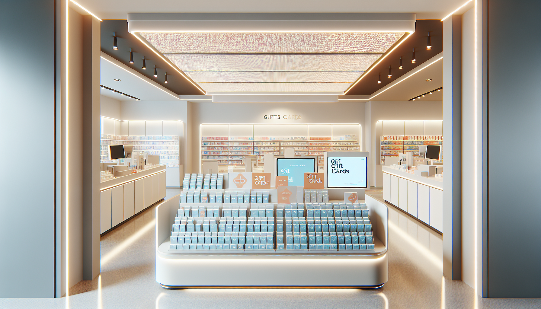 a modern pharmacy retail store interior with a clean gift card display section near the checkout, blank gift cards arranged neatly, subtle orange and blue accents inspired by Amazon theme, bright white lighting, minimal composition, ultra realistic, 4k, no text, no letters, no numbers, no logos