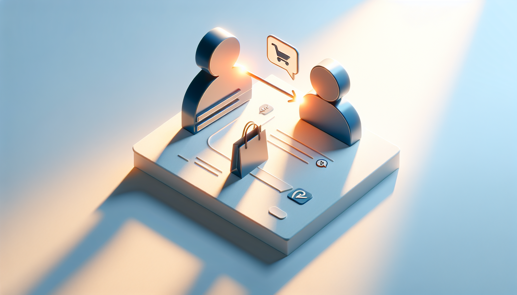 minimal concept showing a buyer icon sending a glowing message to a seller icon with a purchased product in between, white background, soft shadows, orange and blue accents inspired by Amazon theme, clean and simple composition, modern blog style, ultra hd, no text, no letters