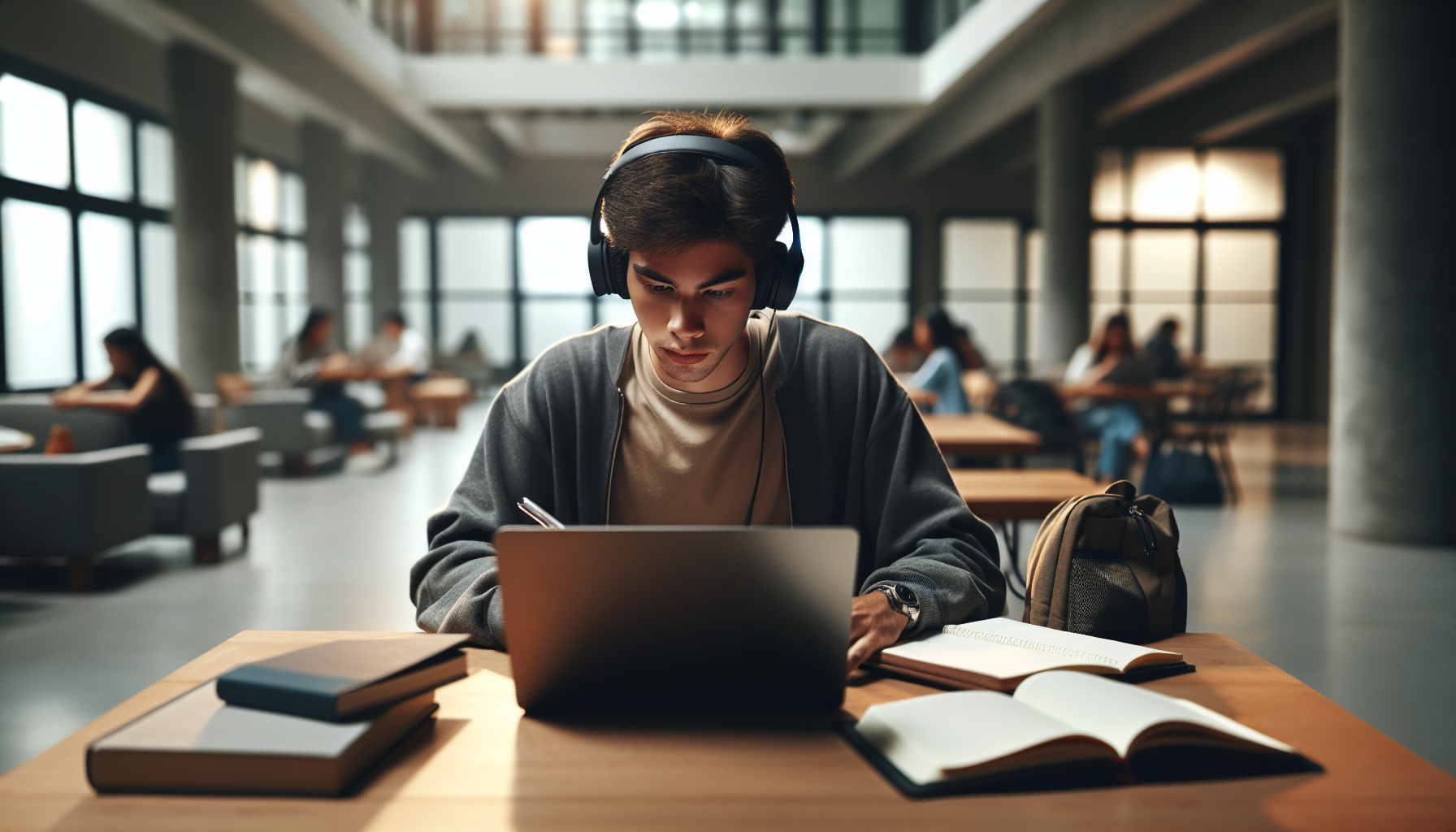 a student working with full focus in a distraction-free environment, wearing headphones, laptop and notebook in use, natural lighting, calm indoor setting, realistic candid photography, 4k, no text, no logos
