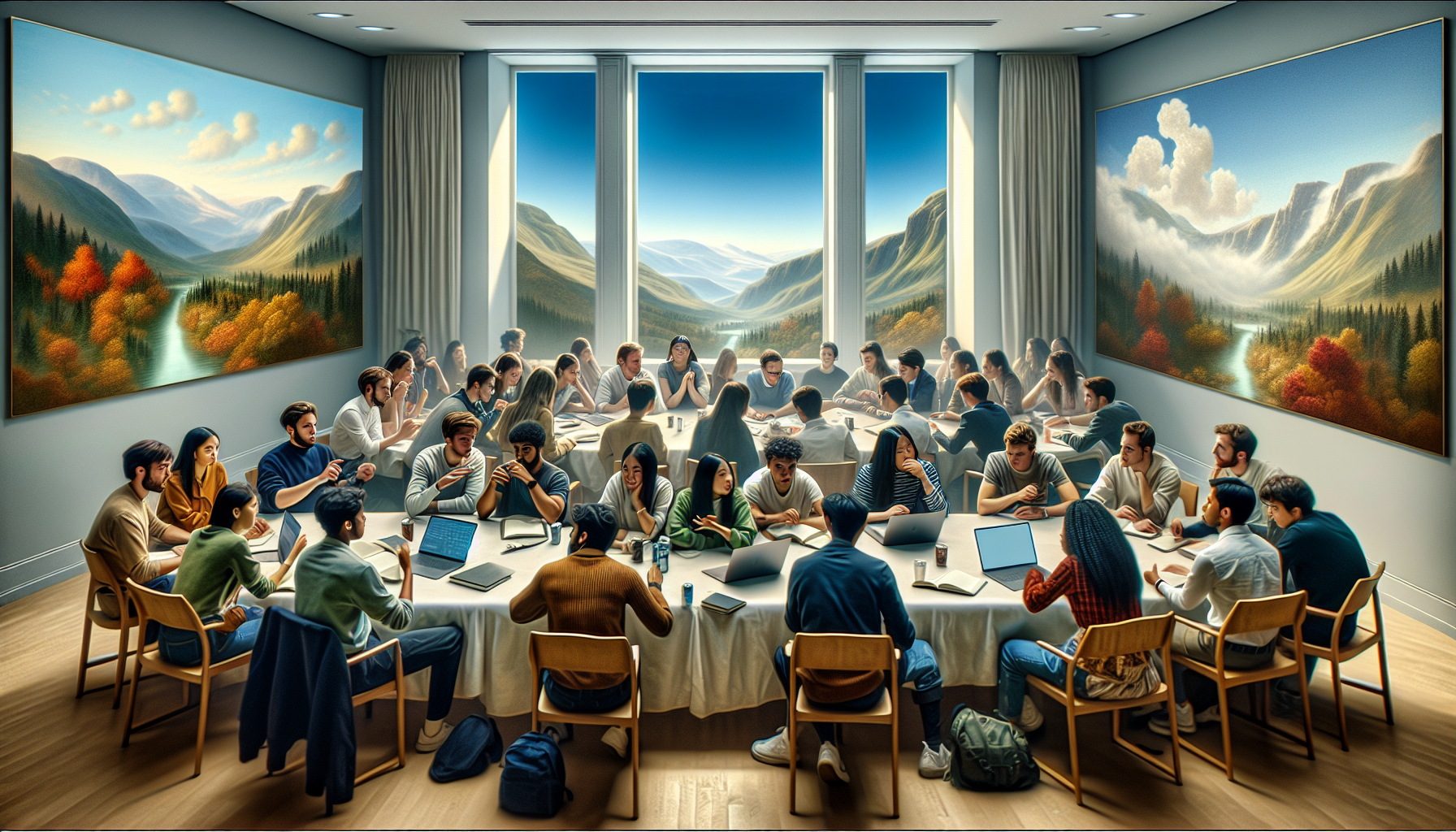 a diverse group of students discussing modern economics topics around a table, laptops and notebooks open, exchanging ideas, natural daylight, collaborative classroom environment, realistic candid photography, 4k, no text, no logos