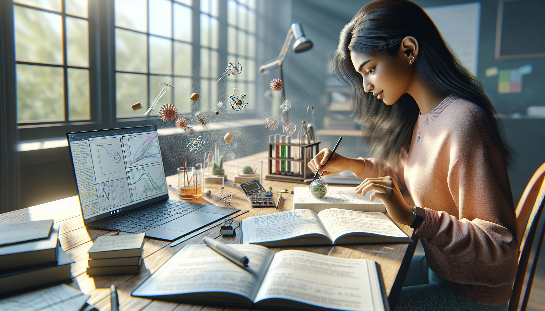 a student experimenting with small household objects to demonstrate physics principles, open notebook with notes, laptop showing physics simulation, natural daylight, calm and realistic study environment, ultra realistic photography, 4k, no text, no logos