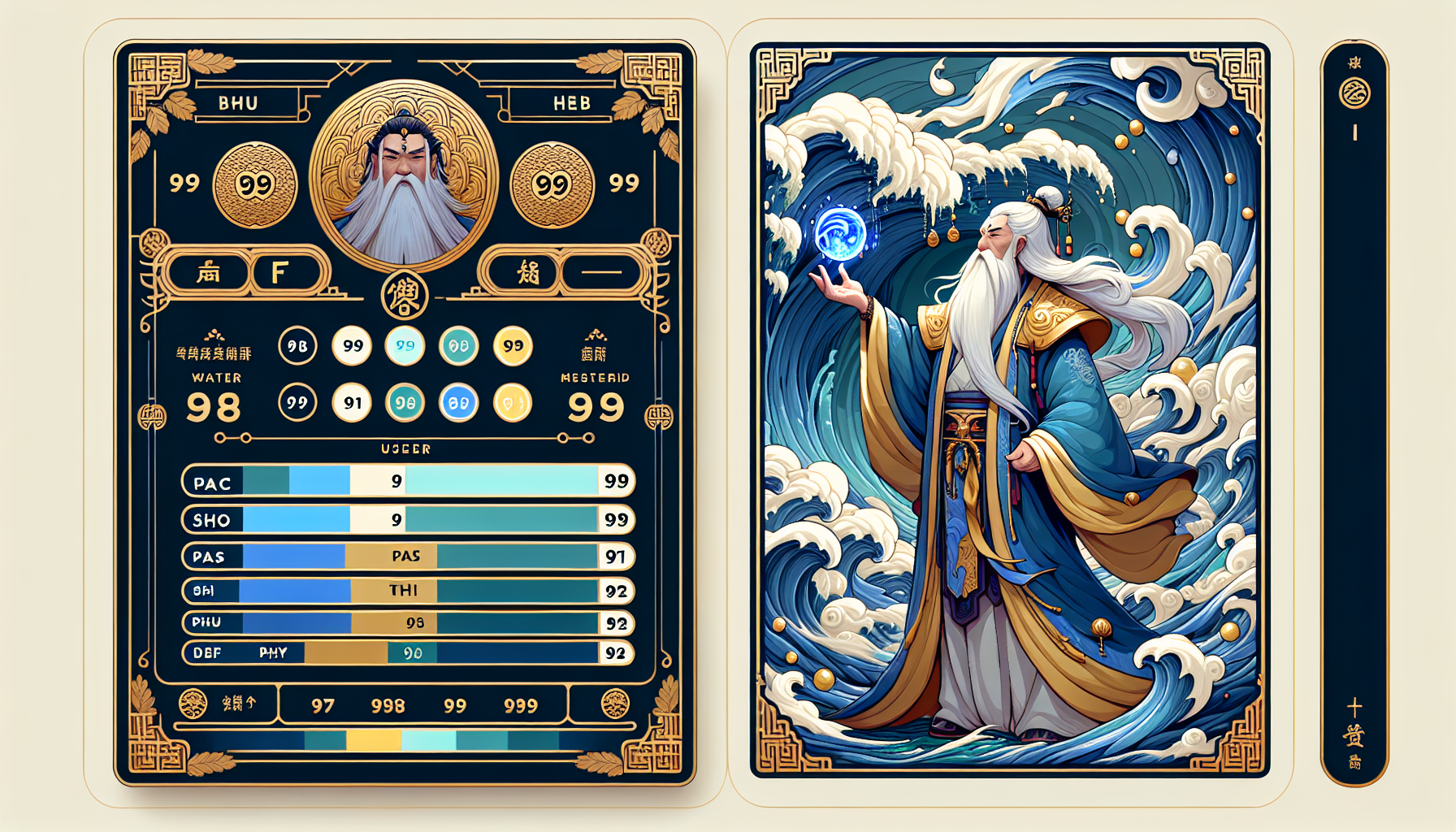 A professional high-quality vertical trading card, elegant Chinese river god He Bo, elder with long white beard, flowing blue and gold robes made of water, holding a water orb. Surrounded by waves, mist, bubbles, golden vapor.

Top left corner: clean UI text "99" above "LF", stacked vertically, perfectly readable.

Lower section: stats flowing like overlapping wave crests, dynamic but clean layout.
Text:
HE BO
PAC 95 SHO 93 PAS 99 DRI 97 DEF 91 PHY 92

Four corners: teal-gold laurel wreaths.

Frame: translucent blue crystal shaped like waves.
Color palette strictly: #007FFF, #000080, #EDC9AF.

No text in background, no characters.
Ultra clean, fluid design, high detail

--ar 2:3 --v 6 --style raw
