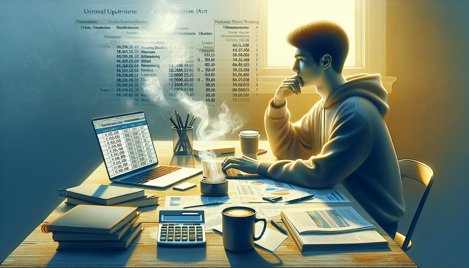 a student comparing tuition costs for multiple universities on a laptop with spreadsheets open, calculator and coffee cup on desk, bright natural lighting, realistic room setup, 4k, no text, no logos