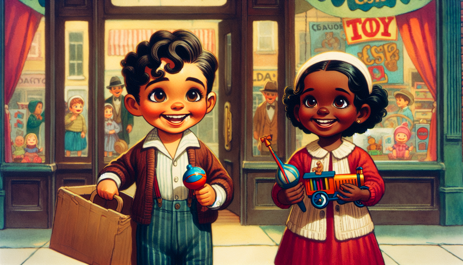 dos niños afuera de una jugeteria contentos por lo que compraron de tipo pixar