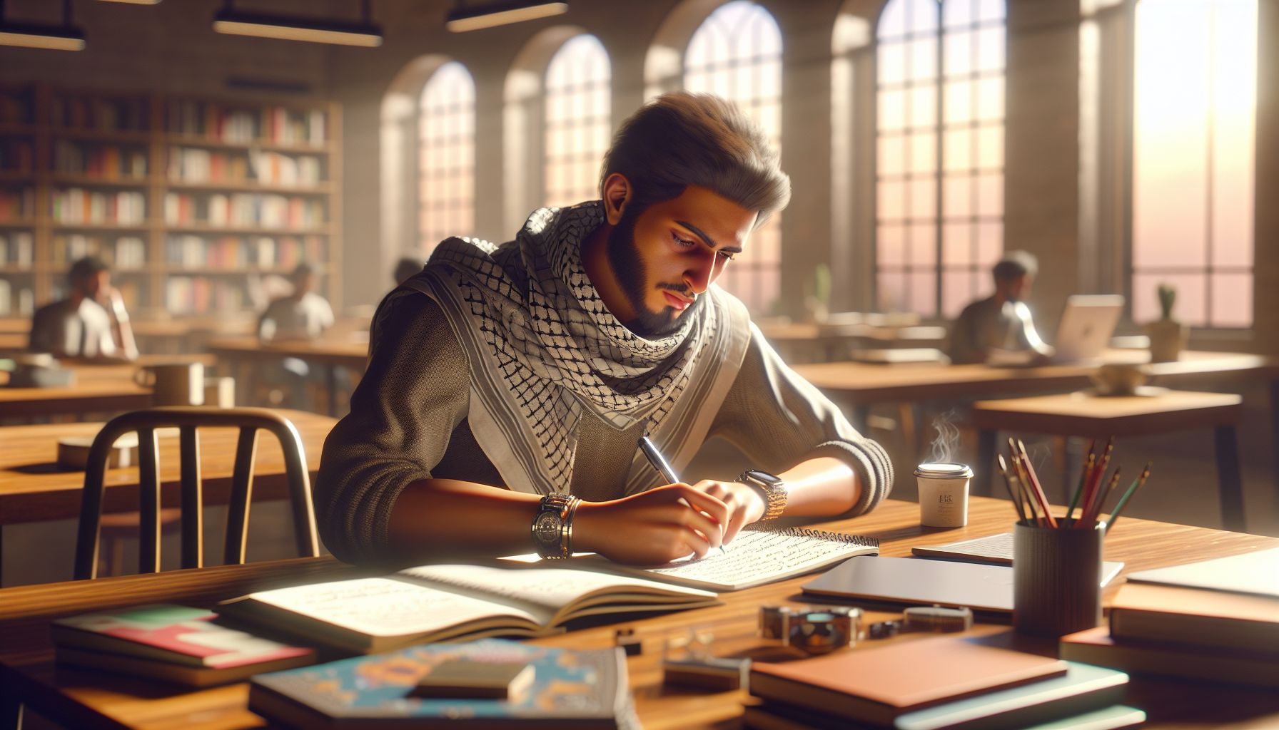 a student writing a pros and cons list about studying abroad in a notebook, coffee cup and laptop on desk, reflective expression, natural daylight, realistic indoor setting, ultra realistic, 4k, no text, no logos