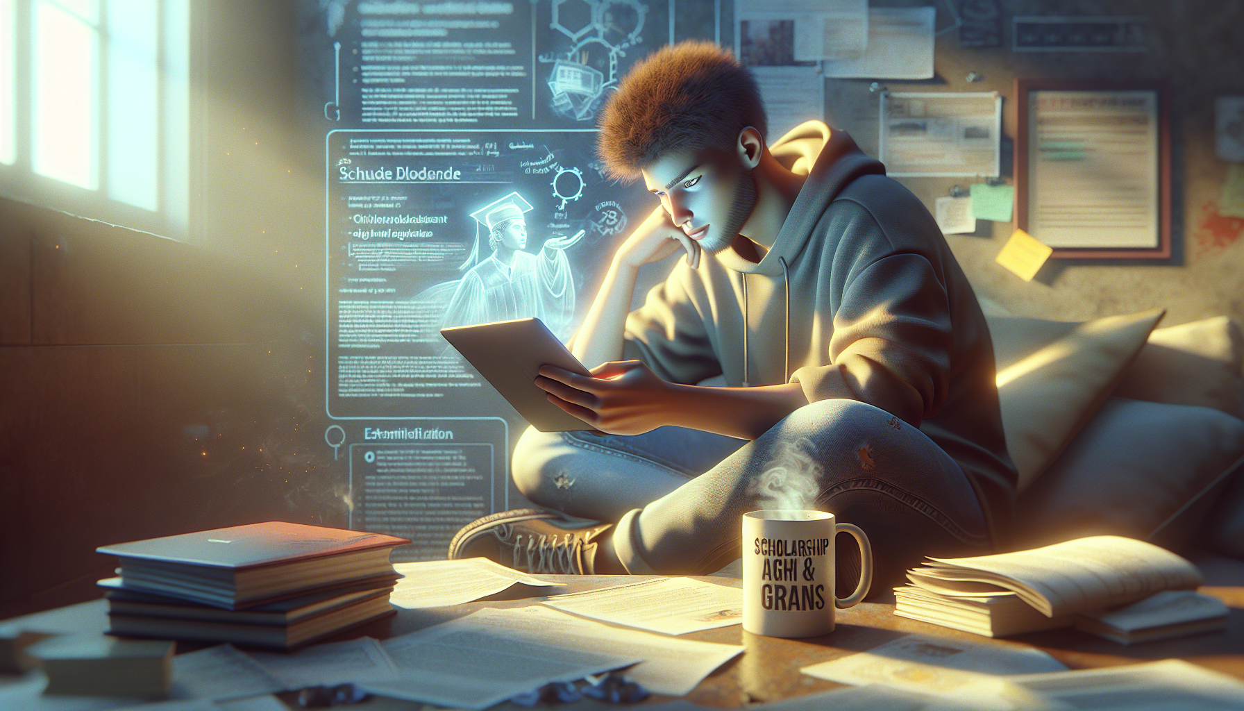 student reading scholarship and grant information on a tablet, cup of coffee nearby, papers with highlighted text, natural window light, realistic focused study scene, ultra realistic, 4k, no text, no logos