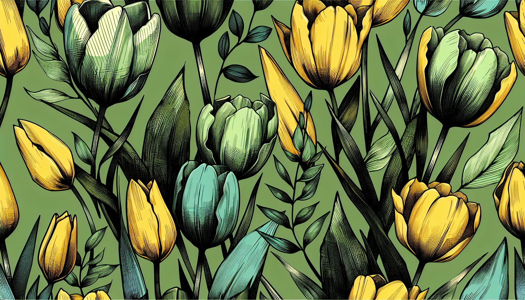 a seamless pattern of yellow and green tulips, their petals outlined in black ink, set against an olive background with scattered turquoise leaves, creating a harmonious blend of floral hues. the design incorporates chartreuse and dark forest-green for a lively contrast. the digital illustration is characterized by loose brush strokes and sketch-like details, giving it a hand-drawn feel that adds to the overall charm. this print would be perfect as a fashion fabric or textile print in the style of a digital artist. 