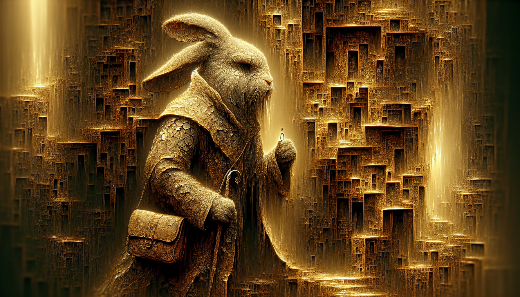 Standing before a vast, sinister tower—its surfaces revealing the transparent faces of the souls dwelling within, where shafts of light filter through like blades of golden dust slicing across the gloom in perfect diagonals—the figure of Rabbit Jones, clad in an ominous cloak, reaches out to touch the tower; he emerges from a rugged impasto that accumulates oxides, ancient earth, and layers of petrified history upon the walls. His fur, rendered with fine, taut brushstrokes, seems to vibrate with every trembling fiber, bathed in sweat and millennial sand, while his small leather satchel displays a microscopic craquelure—achieved through glazes of burnt sienna—that appears to breathe beneath the light; he stands there, dominating the scene like a cinematic close-up charged with maximum tension.