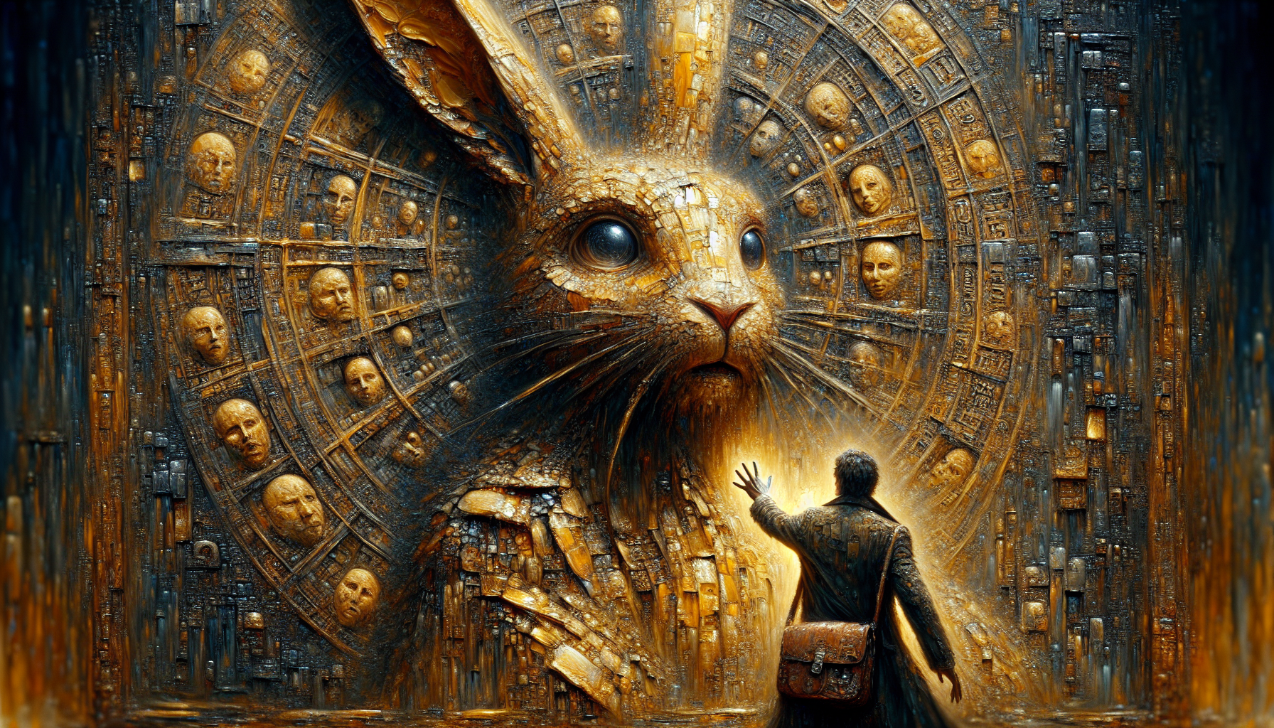 Facing a vast, sinister Effigy—etched with runes and imprinted with the transparent faces of souls dwelling within it, where beams of light filter through like hands of golden-black dust, slicing across the gloom in perfect diagonals—the figure of Rabbit Jones, reaching out to touch the Effigy, emerges from a rough impasto that accumulates oxides, ancient earth, and layers of petrified history upon the walls; his fur, rendered with fine, taut brushstrokes, vibrates with every trembling fiber, bathed in sweat and millennial sand, while his small leather satchel displays a microscopic craquelure—achieved through glazes of burnt sienna—that seems to breathe beneath the light; standing before him, dominating the scene like a cinematic close-up of maximum tension.
