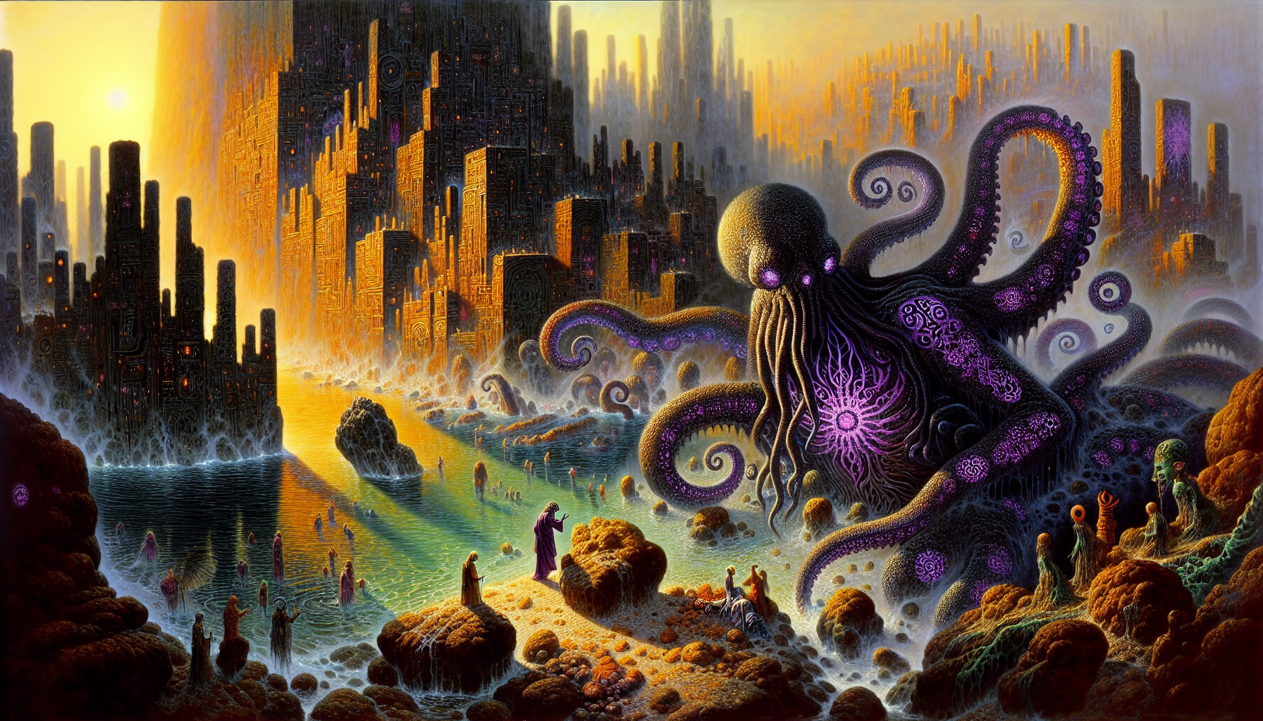 Facing the vast and sinister city whose walls are seamed with violet runes that pulse like open wounds, where transparent humanoids—condensed souls of smoked crystal—drift in slow processions through shafts of light descending like hands of gold and black dust, Rabbit Jones finds himself trapped on the trembling shore of a dark lake whose surface absorbs all light into its perfect matte blackness, his small body half-sunk in the treacherous silt that grips his legs with the patience of centuries, while from the depths emerges a great octopus—its mantle a mass of glistening muscle draped in rust-veined leather, its eight arms uncoiling from the abyss like the roots of a sunken tree, each tentacle a column of wet, iridescent skin that shifts between deepest aubergine and the green-black of oxidized bronze, studded with suckers that open and close like the eyes of creatures still learning to see; one immense arm curls beneath Rabbit’s chest with impossible gentleness, lifting him from the mire, its cool, slick surface pressing against his fur, leaving trails of lake-dark moisture that seep into his matted coat, while another tentacle wraps with delicate precision around his leather satchel—that small pouch of cracked hide painted in microscopic crackle of burnt sienna glazes—steadying it as if recognizing its weight of memory, and a third arm anchors against the shore, its tip curling around a boulder crusted with ancient oxides, holding the creature in place against the pull of the abyss it calls home; Rabbit’s body, raised barely above the water, seems to emerge from the rough paste of rust and ancestral earth that encrusts the cave walls, his white fur soiled to the color of old bone, painted in fine, taut brushstrokes that capture every trembling fiber—each hair a filament of tension, vibrating with the shock of cold and the deeper shudder of having touched the threshold of dissolution—his face upturned toward the distant city where the humanoids watch in their eternal stillness, their translucent forms fracturing the golden light that falls through the high crevices; his fur glistens with sweat and the ancient humidity of the cave, droplets clinging to the tips of his ears like tiny lenses that magnify the runes flickering on the walls, and his small leather satchel—cracked into a microscopic crackle that breathes under the light, expanding and contracting with the rhythm of his racing heart—becomes the only vestige of control in this scene, a single familiar object suspended in the domain of the deep; the octopus holds him in the balance between abyss and salvation, its eyes—two enormous globes of liquid obsidian set deep in the folds of its mantle—fixed upon him with an intelligence that predates cities and runes and the very concept of drowning, its tentacles coiled in a geometry of impossible tenderness, and in the space between its grip and Rabbit’s trembling hands, the cinematic tension contracts to a single point: the moment when the creature of the depths decides whether to release its prize to the shore or draw him down into the city of drowned things that lies beneath the matte black lake, while above, the transparent humanoids continue their drift through the golden shafts of light, their featureless faces turned toward this small drama of survival as though remembering, through the fog of their spectral existence, what it felt like to be held between fear and grace.