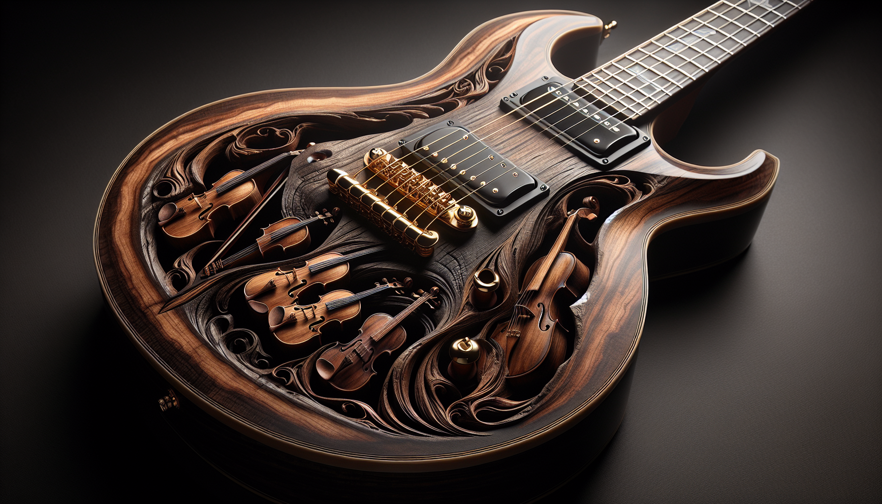 A high-end custom electric guitar made of deep, dark aged walnut. The body features intricate 3D wood-carved reliefs of classical string instruments (violins and cellos) emerging from the wood grain. Burnished finish, gold hardware, dramatic side-lighting to catch the depth of the engravings, photorealistic, 8k, boutique luthier style.