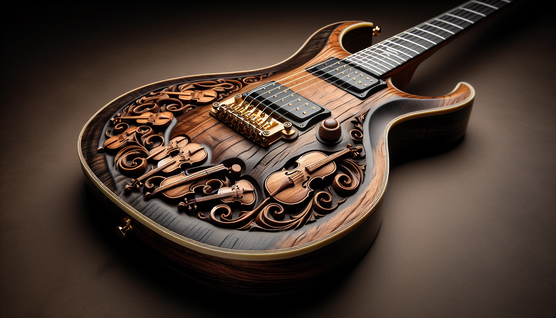 A high-end custom electric guitar made of deep, dark aged walnut. The body features intricate 3D wood-carved reliefs of classical string instruments (violins and cellos) emerging from the wood grain. Burnished finish, gold hardware, dramatic side-lighting to catch the depth of the engravings, photorealistic, 8k, boutique luthier style.