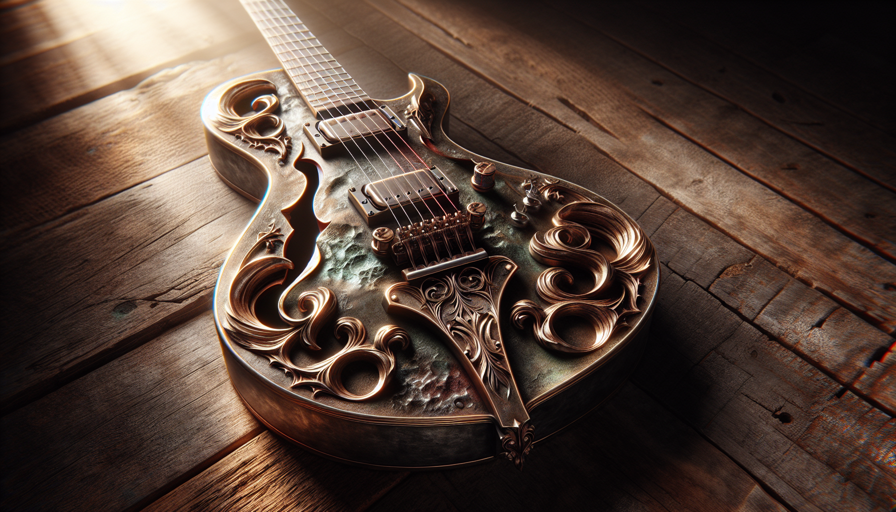 A hyper‑realistic 8k photo of a custom electric guitar, the body is a masterwork of bismuth-iridescent bronze. 
Every inch is high-relief metalwork featuring intricate cello f-holes and scrolls, sculpted with hand-chiseled precision directly into the bronze top. No organic materials; the surface shows a stable cuprite patina with scarlet highlights. 
The scene is captured in soft golden hour sunlight through a dusty window, making the metallic carvings appear visceral and three-dimensional. 
All-metal hardware, dual humbuckers, set against a dark aged walnut background. 
Dignified, industrial-grade craftsmanship, zero green oxidation.
