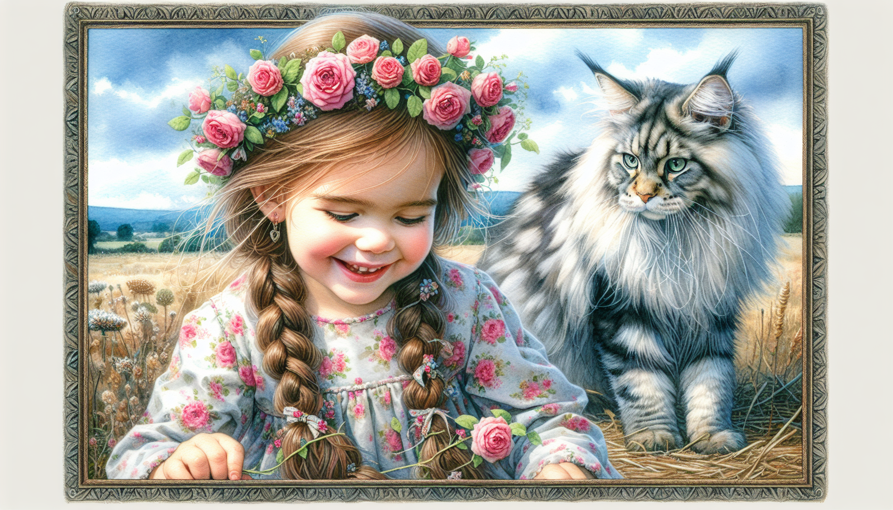 stile Pierre-Joseph Redouté acquerello cute child vestito a fiorellini molto bello, capelli lunghi,coroncina di piccole roselline,felice sorridente con il suo grande gatto Maine Coon gioca in un prato