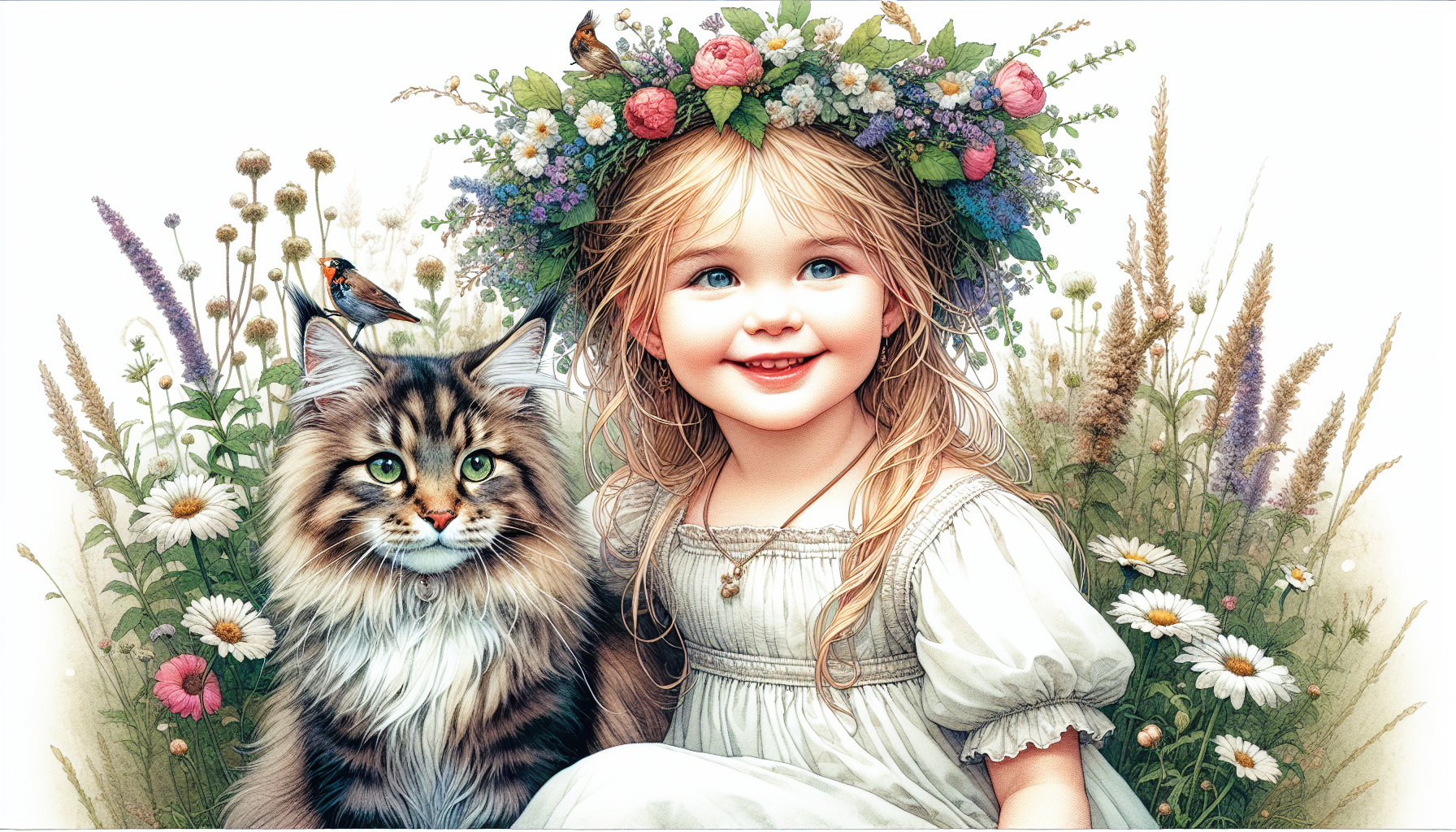 stile Pierre-Joseph Redouté acquerello cute child bambina con capelli biondi e coroncina di fiori in testa felice sorridente con il suo gatto maine coon in un prato pieno di fiori, grafica perfetta,