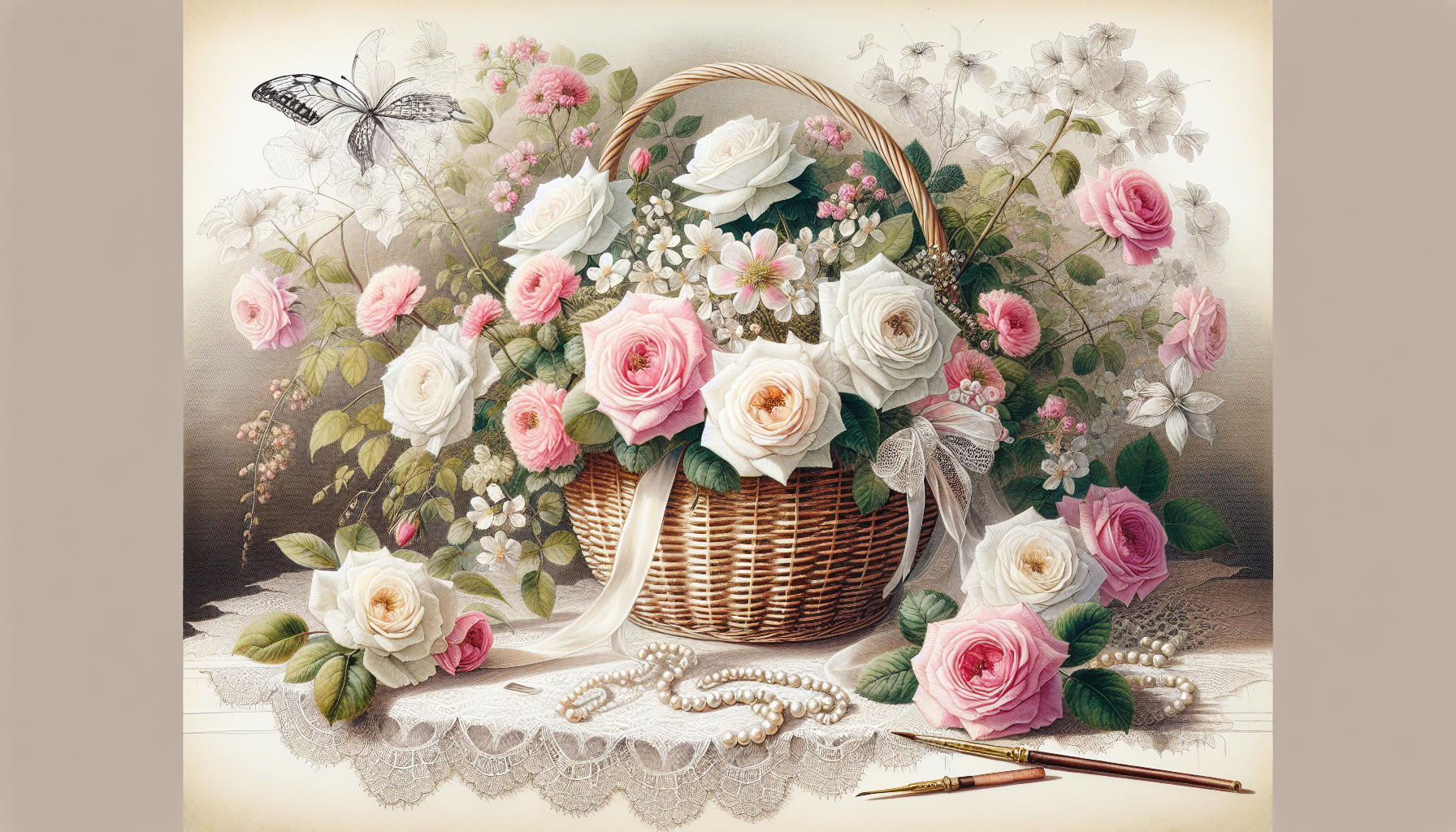 stile Pierre-Joseph Redouté acquerello cesto di rose bianche e rosa,, nastri, perle, biomes, tovaglia di pizzo