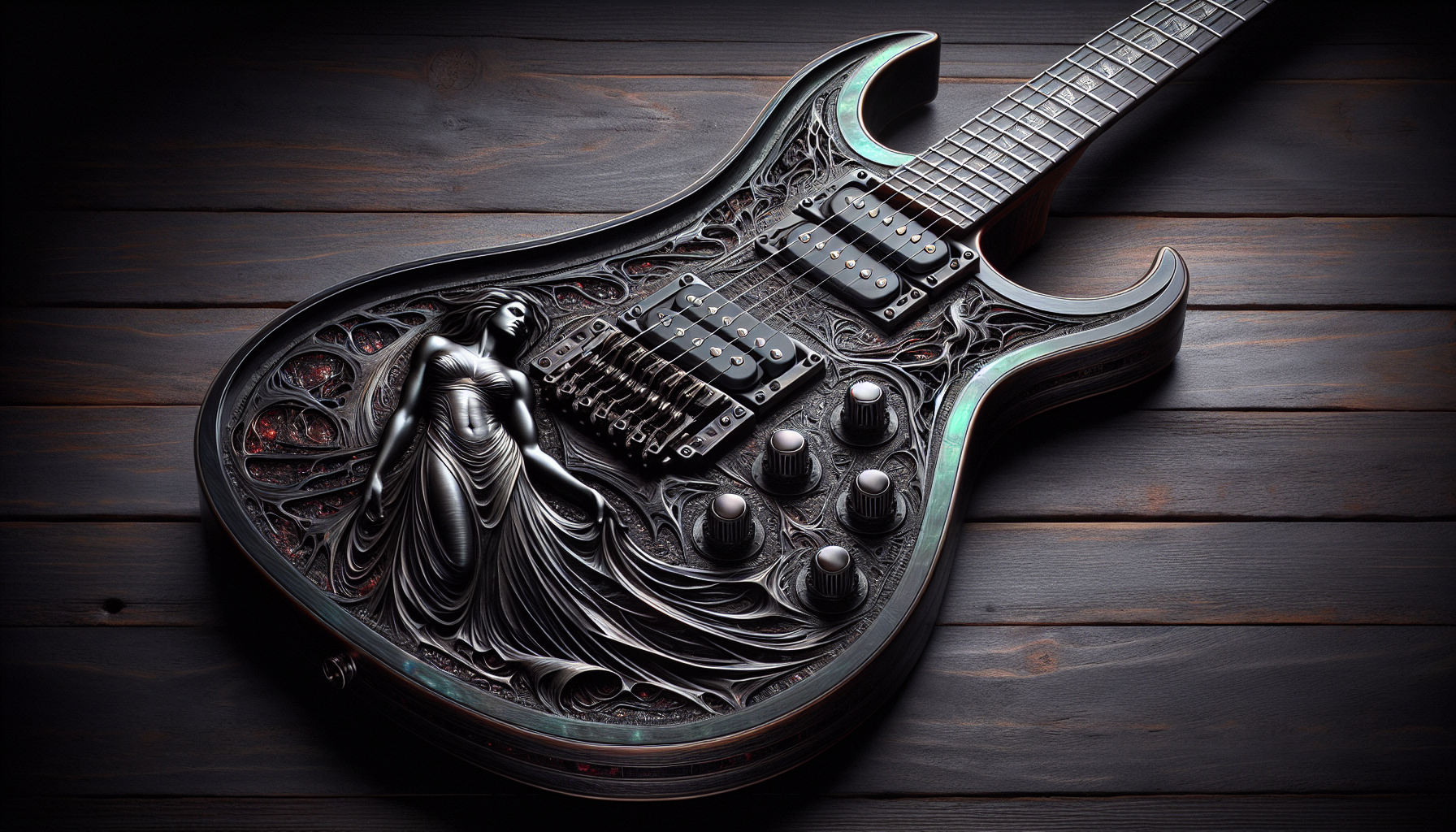 A translucent black electric guitar, carved from black‑tinted transparent acrylic like stained glass. 
See‑through but glowing from within, catching the light in black refractions.
The body is a masterwork of black. 
Every inch is high-relief metalwork featuring a woman in a flowing dress, sculpted with hand-chiseled precision directly into the bronze top. No organic materials; the surface shows a stable cuprite patina with scarlet highlights. 
The scene is captured in , making the metallic carvings appear visceral and three-dimensional. 
All-metal hardware, dual humbuckers, set against a dark aged walnut background. 
Dignified, industrial-grade craftsmanship, zero green oxidation. 16:9 AR