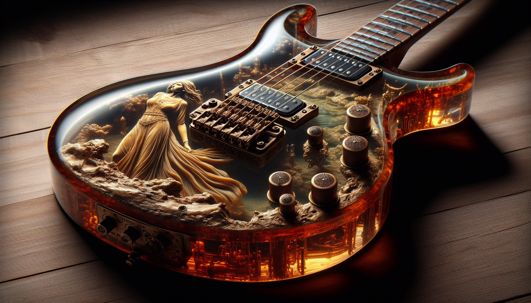 A crystal-clear resin electric guitar with a woman in a flowing dress suspended inside the body, frozen mid-motion like relics trapped in amber. 
Light bends through the resin, casting refracted shadows across the carved transparent surfaces.

The body is a masterwork of transparent. 
Every inch is high-relief metalwork featuring a woman in a flowing dress, sculpted with hand-chiseled precision directly into the bronze top. 
No organic materials; the surface shows a stable cuprite patina with scarlet highlights.

The scene is captured in , making the metallic carvings appear visceral and three-dimensional. 
All-metal hardware, dual humbuckers, set against a dark aged walnut background. 
Dignified, industrial-grade craftsmanship, zero green oxidation. 16:9 AR