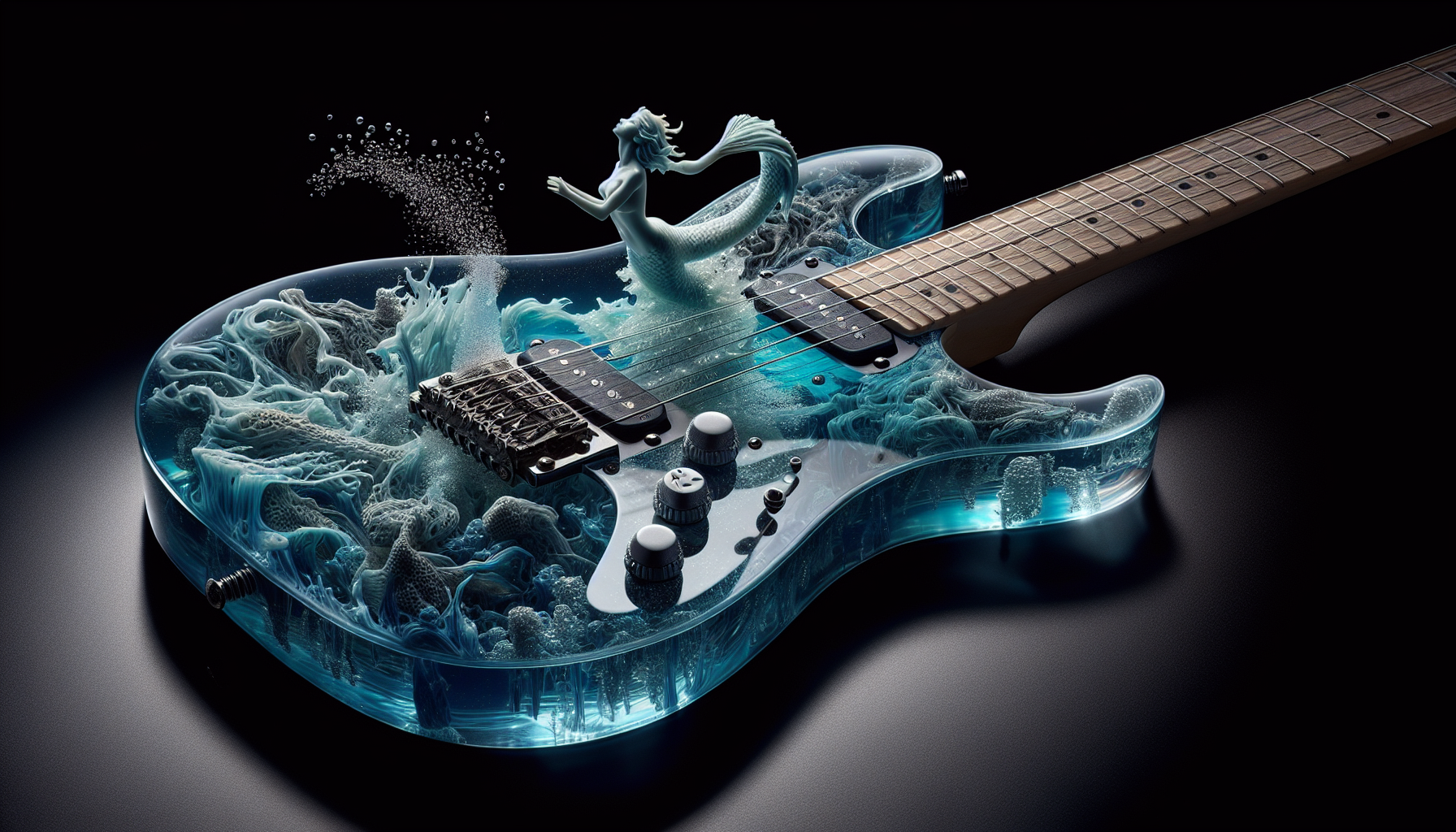 A crystal-clear resin electric guitar with a highly detailed miniature mermaid with flowing hair is captured as if swimming inside the liquid-like glass body, air bubbles and light refraction, suspended inside the body, frozen mid-motion like relics trapped in amber. 
Light bends through the resin, casting refracted shadows across the carved blue surfaces.
The body is a masterwork of blue. 
Every inch is high-relief metalwork featuring a highly detailed miniature mermaid with flowing hair is captured as if swimming inside the liquid-like glass body, air bubbles and light refraction,.
The scene is captured in . 16:9 AR