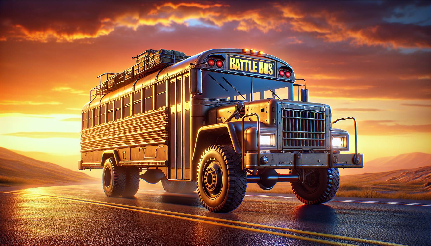 フォートナイトでバトルバスが夕焼け空を通っているところ