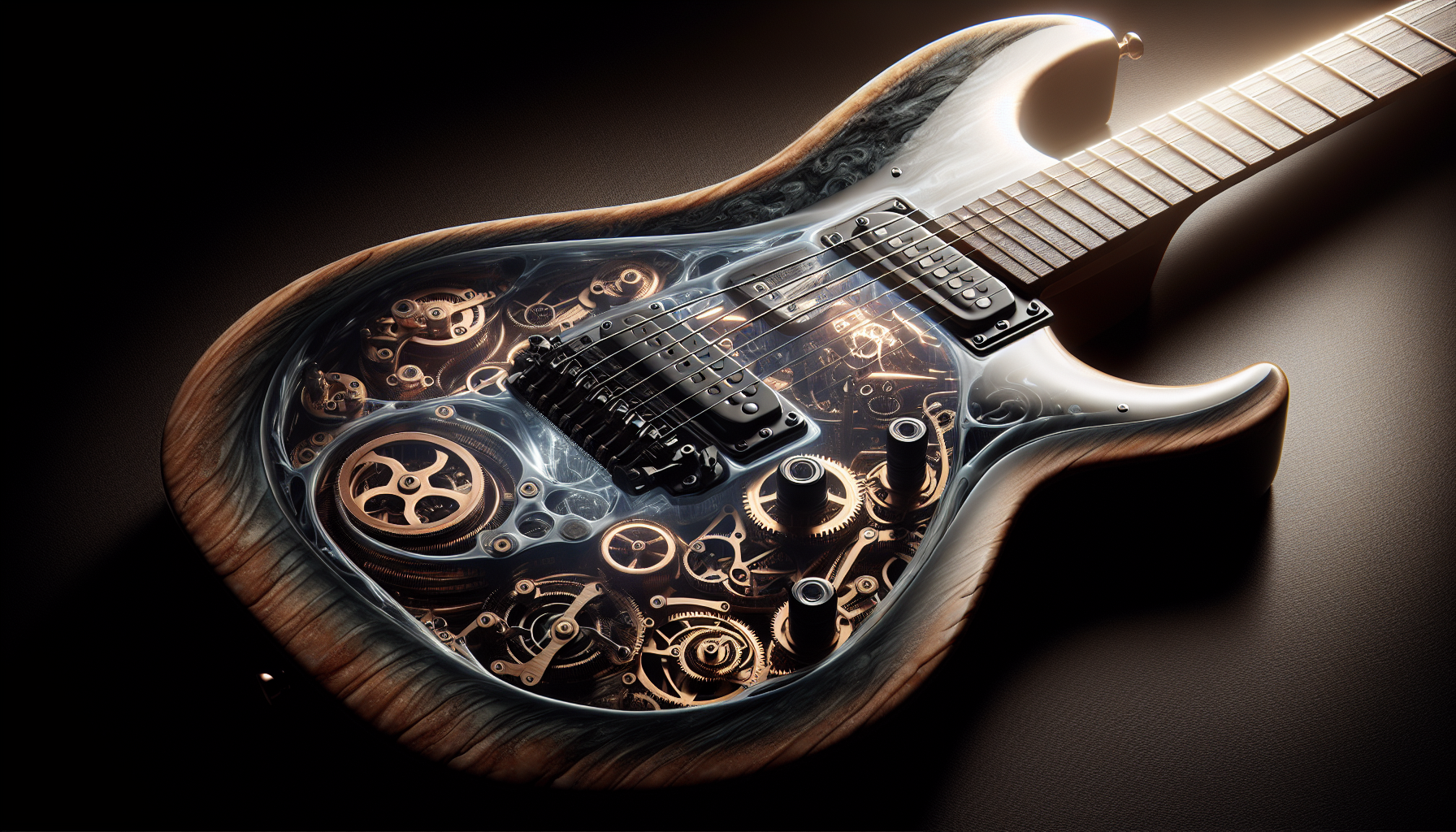 A crystal-clear resin electric guitar with mechanical clockwork suspended inside the body, frozen mid-motion like relics trapped inside. 
Light bends through the resin, casting refracted shadows across the carved obsidian-bronze surfaces.
The body is tinted in obsidian-bronze. 