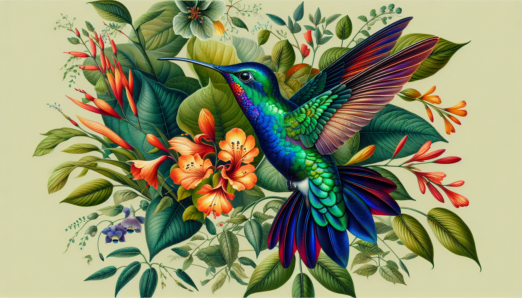 A vibrant hummingbird hovers mid-flight, showcasing a stunning array of iridescent colors that reflect hues of emerald green, deep sapphire, and fiery red, accentuated by its elegant wings spread wide in a graceful arc. The bird's body is adorned with intricate details, from the speckled throat resembling ruby jewels to the brilliant contrasts of cobalt and gold adorning its wings. Surrounding the hummingbird, lush green leaves form a rich backdrop, interspersed with bold orange and yellow flowers that radiate warmth, along with delicate red blooms that add depth to the composition. The overall aesthetic is reminiscent of a hyperrealistic botanical illustration, blending lifelike precision with a touch of whimsical artistry, creating a captivating scene that evokes the lush vibrancy of a tropical paradise.