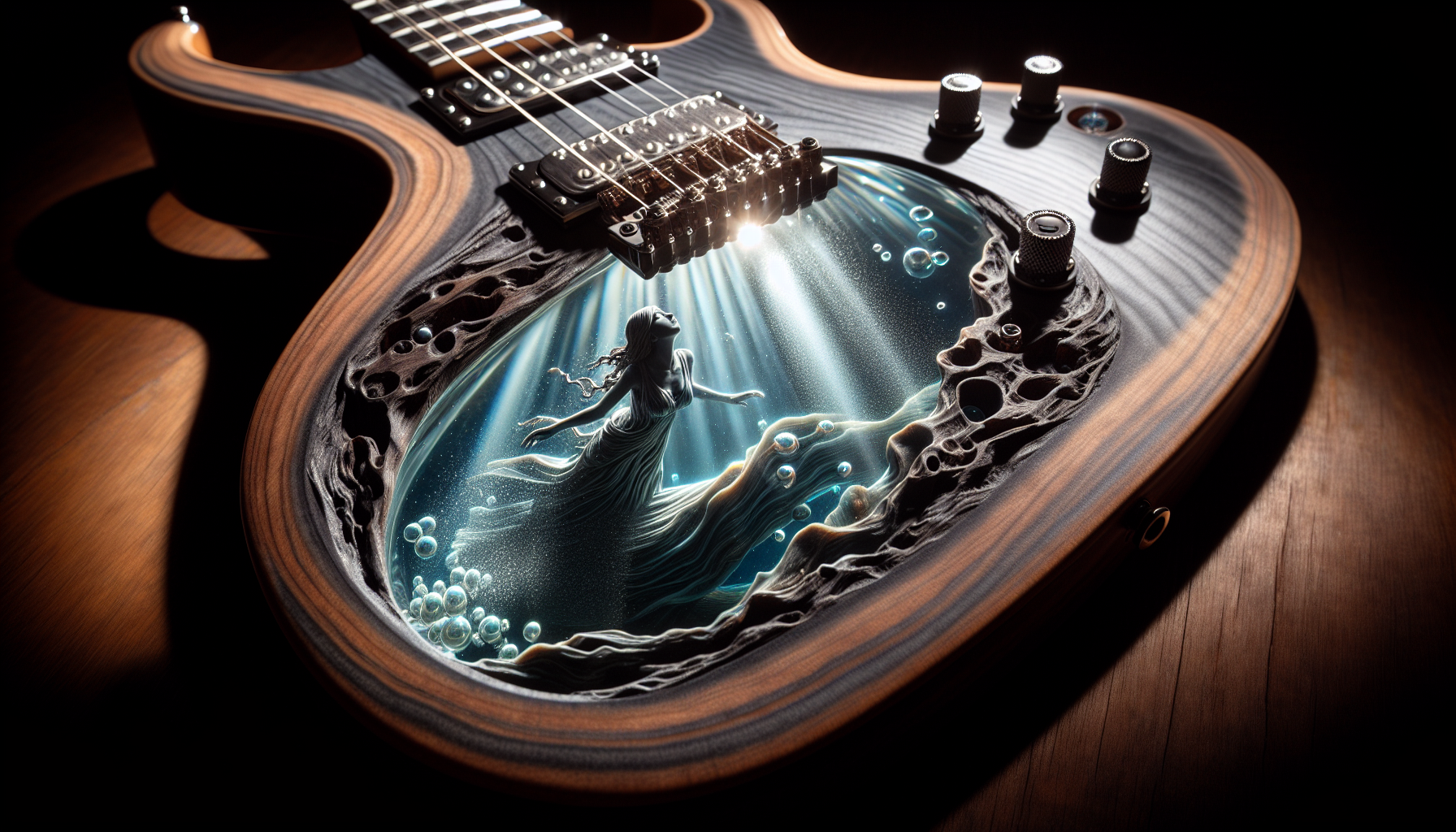 A crystal-clear resin electric guitar with a highly detailed miniature woman in a flowing dress is captured as if swimming inside the liquid-like glass body, air bubbles and light refraction suspended inside the body, frozen mid-motion like relics trapped inside. Light bends through the resin, casting refracted shadows across the carved blue surfaces. A dark-walnut electric guitar. The entire body features deep, hand-carved engravings of "a highly detailed miniature woman in a flowing dress is captured as if swimming inside the liquid-like glass body, air bubbles and light refraction" — carved directly into the wood. The engravings are HIGHLY DETAILED, RELIEF-CARVED, and VISIBLE FROM A DISTANCE. They wrap around the guitar body like a tapestry of orchestral ghosts.
The guitar itself has a matte, hand-rubbed oil finish. No reflections. No gloss. The wood is shadow-soaked, almost black in the grooves. Tarnished metal hardware. No shine anywhere.
Dark background. Single dim light from above left, casting long shadows that make the engravings pop. Subdued, mournful, dignified. Zero sparkle. 16:9 AR.