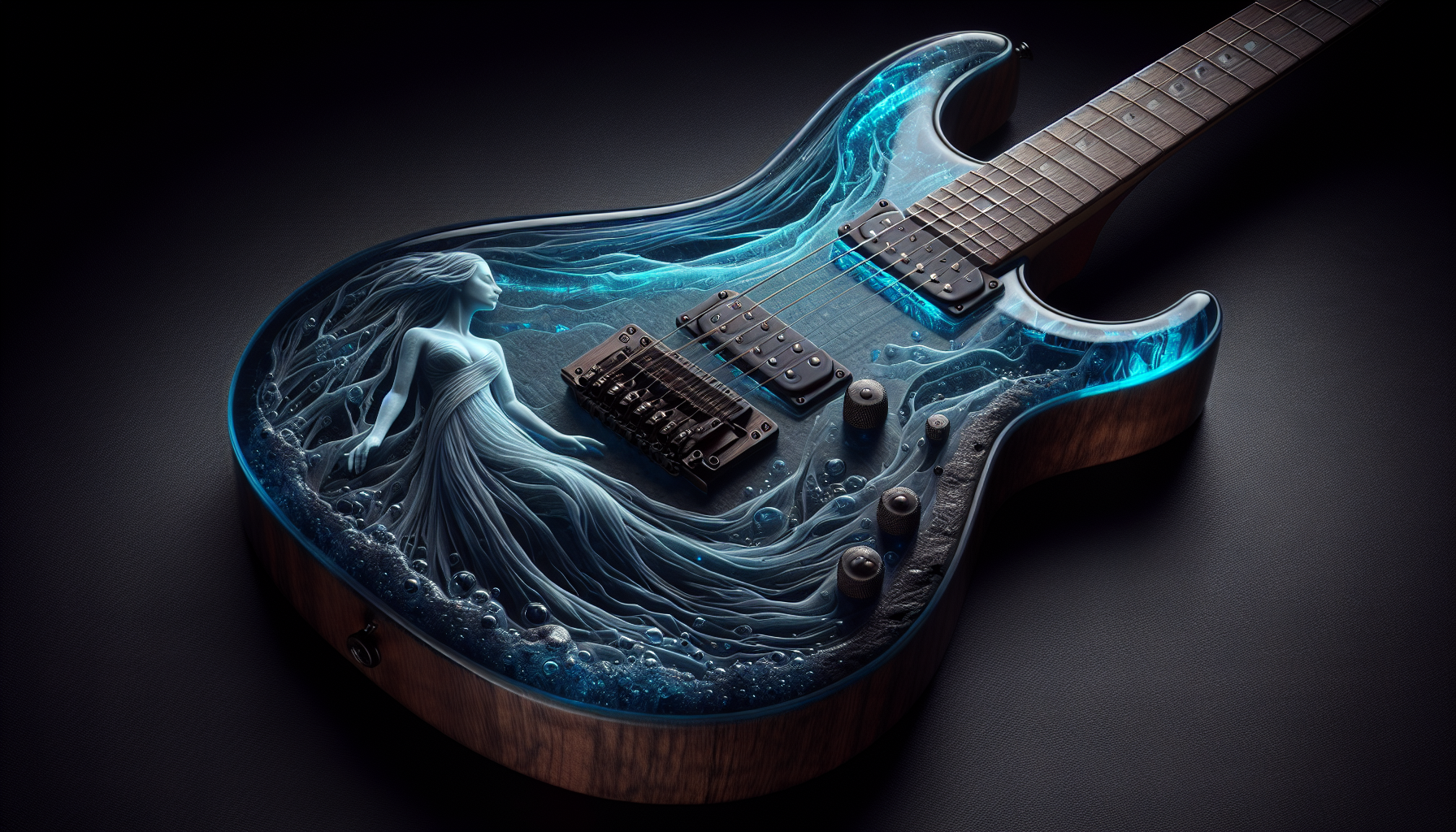 A translucent blue electric guitar, carved from blue-tinted transparent acrylic like stained glass. See-through but glowing from within, catching the light in blue refractions. A dark-walnut electric guitar. The entire body features deep, hand-carved engravings of "a highly detailed miniature woman in a flowing dress is captured inside the liquid-like glass body, air bubbles and light refraction" — carved directly into the wood. The engravings are HIGHLY DETAILED, RELIEF-CARVED, and VISIBLE FROM A DISTANCE. They wrap around the guitar body like a tapestry of orchestral ghosts.
The guitar itself has a matte, hand-rubbed oil finish. No reflections. No gloss. The wood is shadow-soaked, almost black in the grooves. Tarnished metal hardware. No shine anywhere.
Dark background. Single dim light from above left, casting long shadows that make the engravings pop. Subdued, mournful, dignified. Zero sparkle. 16:9 AR.