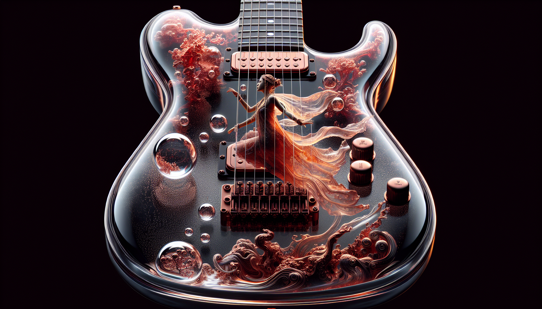 A crystal-clear resin electric guitar with a highly detailed miniature woman in a flowing dress is captured as if swimming inside the liquid-like glass body, air bubbles and light refraction suspended inside the body, frozen mid-motion like relics trapped inside. Light bends through the resin, casting refracted shadows across the carved scarlet-bronze surfaces. The body is tinted in scarlet-bronze. Featuring a highly detailed miniature woman in a flowing dress is captured as if swimming inside the liquid-like glass body, air bubbles and light refraction. 16:9 AR
