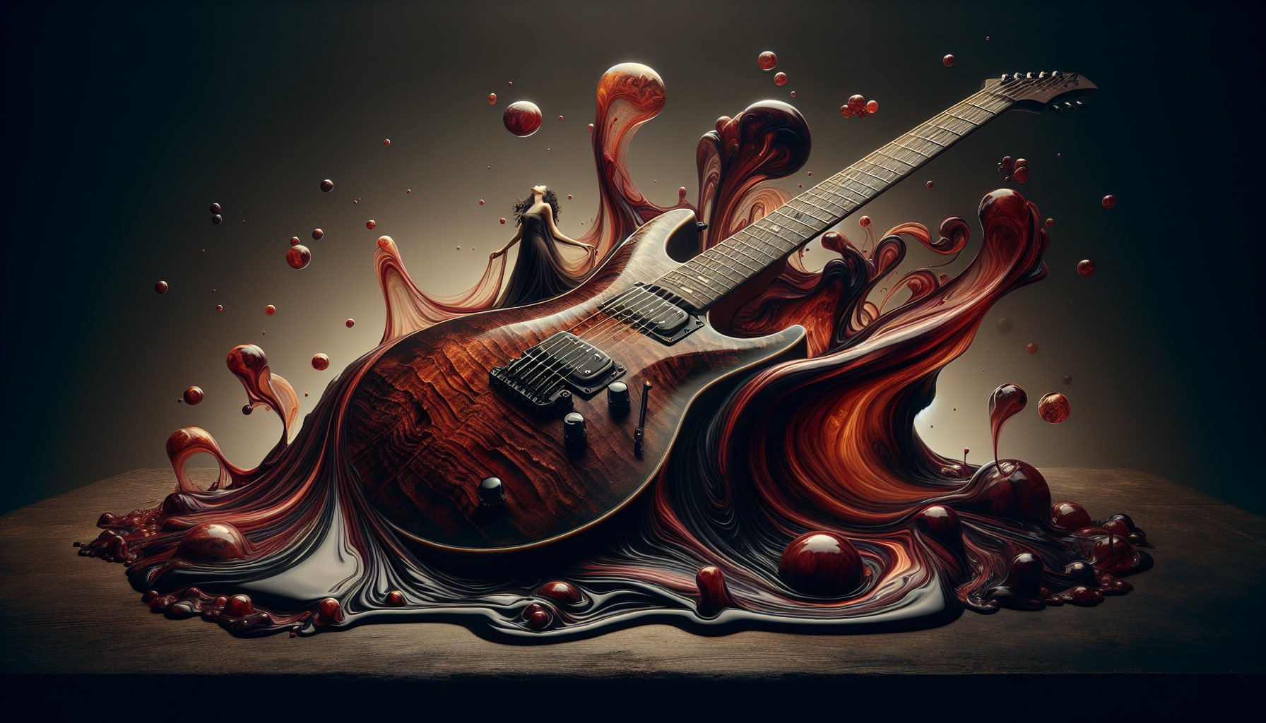 A dark-walnut electric guitar with deep grain patterns and a hand-rubbed oil finish. Rich, organic, shadow-soaked wood tones with a dignified, vintage presence. The body is tinted in dark red. Featuring a highly detailed miniature woman in a flowing dress is captured inside the liquid-like glass body, air bubbles and light refraction. 16:9 AR
