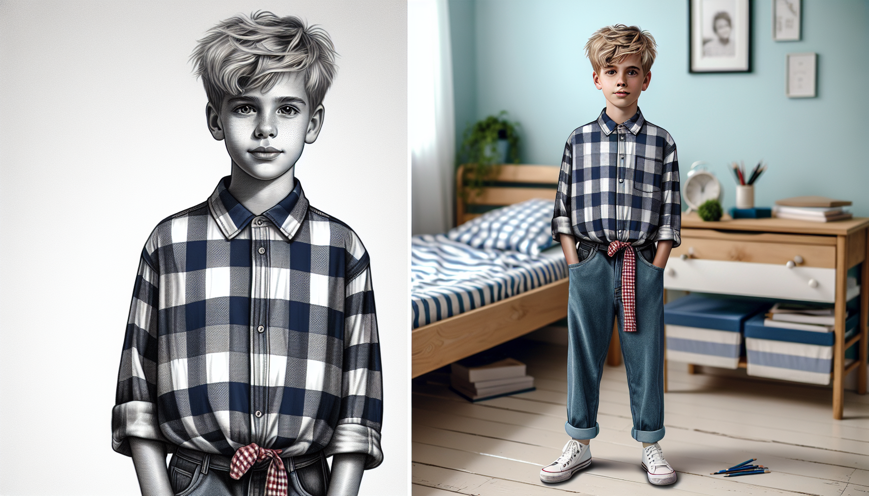 Hazme un niño varón en su cuarto dónde hay una cama de pelo rubio piel blanca lleva una camisa a cuadros anodada sobre el ombligo unos jeans azules y unas zapatillas de lona blanca tiene 10 años hazlo con rostro neutro pero sin ser desafiante 