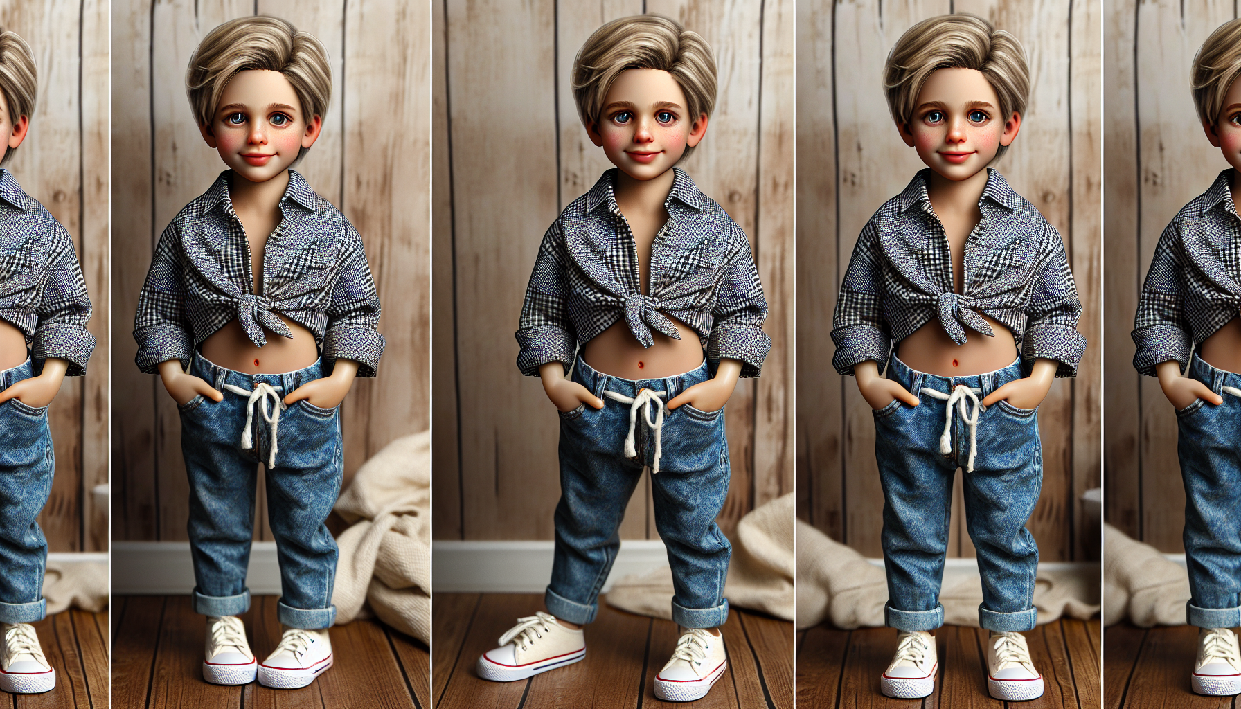 Haz un niño varón de 10 años pelo rubio piel blanca usando una camisa a cuadros anodada sobre el ombligo que quede al descubierto un poco de panza lleva unos jeans azules zapatillas de lona blanca en un cuarto dónde hay una cama que sea tierna su cara sin desafiar