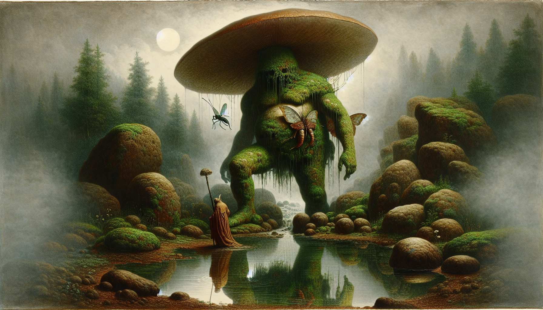 “Transformar la escena para que en el lugar donde estaba la figura humana aparezca un Chamán de Guacamala convertido en seta gigante, con textura húmeda y un brillo extraño como si hubiera absorbido demasiada sabiduría barata. Integrarlo de forma natural entre el musgo y las piedras. En el agua, añadir una luna diminuta, casi tímida, reflejada como si estuviera avergonzada de aparecer. Incluir un insecto volador típico de Guacamala —preferiblemente uno que parezca inofensivo pero tenga mala intención— integrado de forma sutil, sin destacar, como si llevara toda la vida viviendo allí. Mantener la atmósfera mística, la niebla y el contraste entre lo sobrenatural y lo ridículo.”