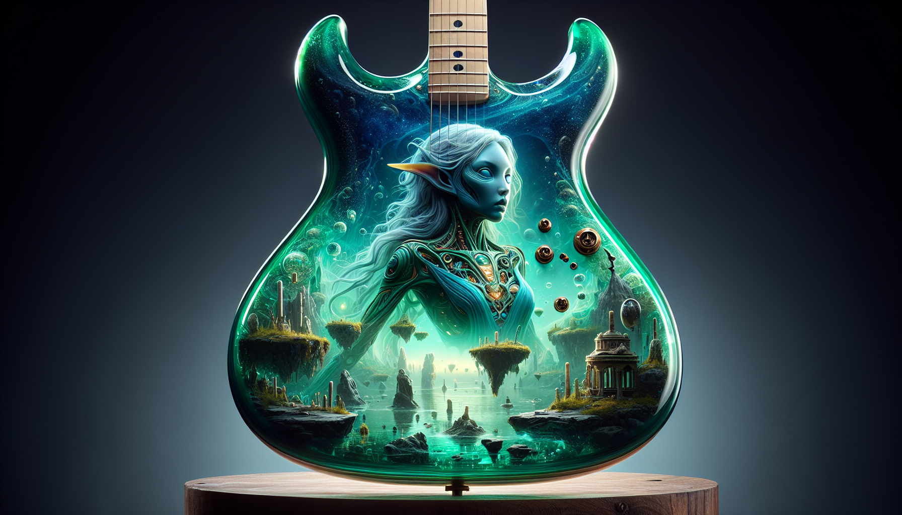 Photorealistic product shot of a two‑tone green and blue resin electric guitar with a highly detailed portrait of an elegant alien sorceress facing away from the camera within a mystical realm of floating islands and ancient ruins, all encased in a body of liquid-like glass with realistic bubbles and light refraction suspended inside the clear resin body, visible through refracted light. Light refracts through the body, creating soft caustics. 16:9 AR.