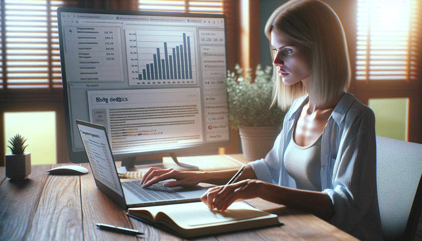 realistic photo of a person writing a blog while analyzing SEO metrics on laptop, screen showing blog editor and search rankings, notebook with keywords written, home office environment, natural lighting, DSLR photography, high detail, 4k