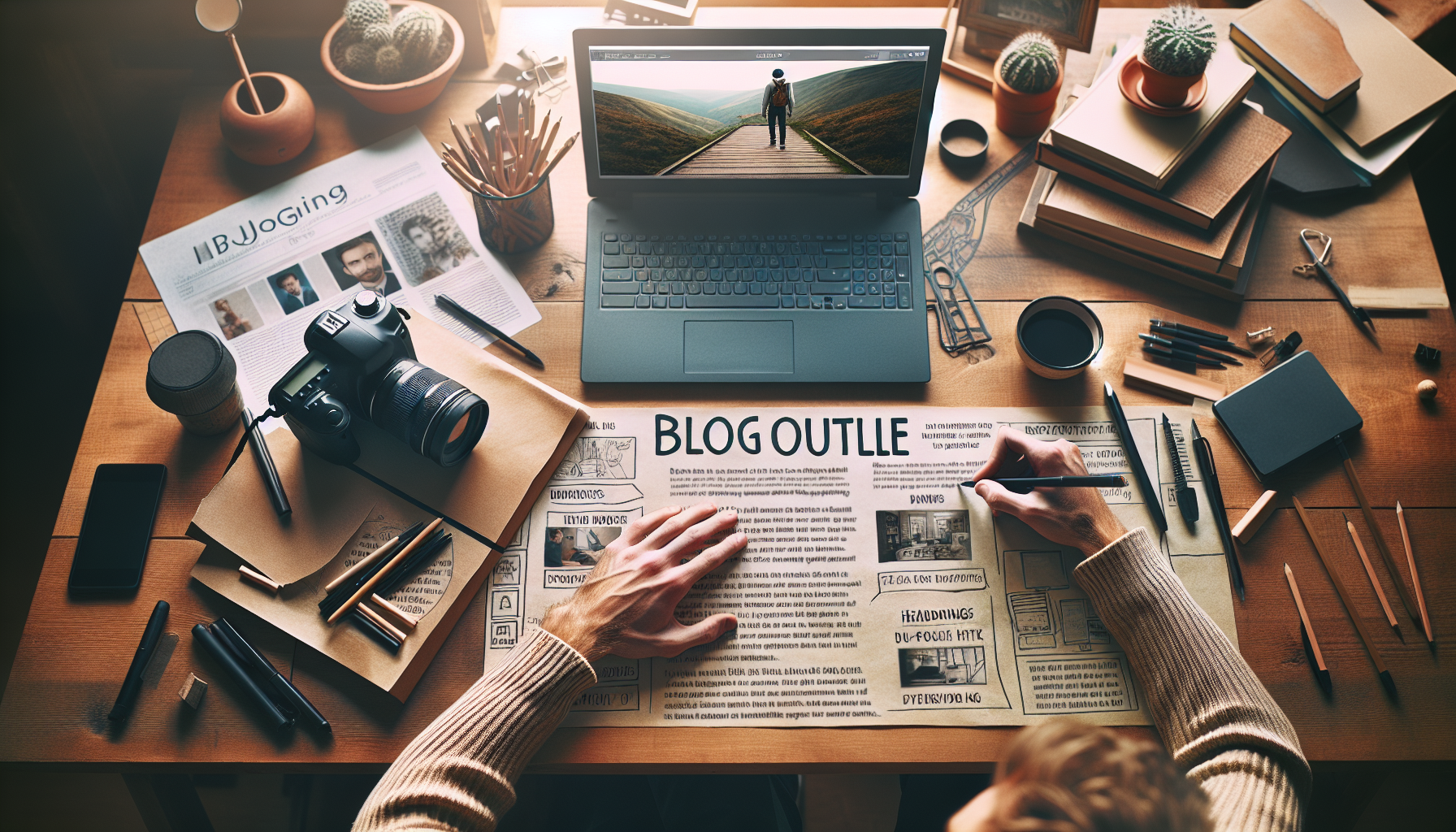 realistic photo of a person creating blog outline on paper, headings and subheadings written with pen, laptop beside showing draft, cozy workspace, natural light, DSLR photography, depth of field, high detail, 4k