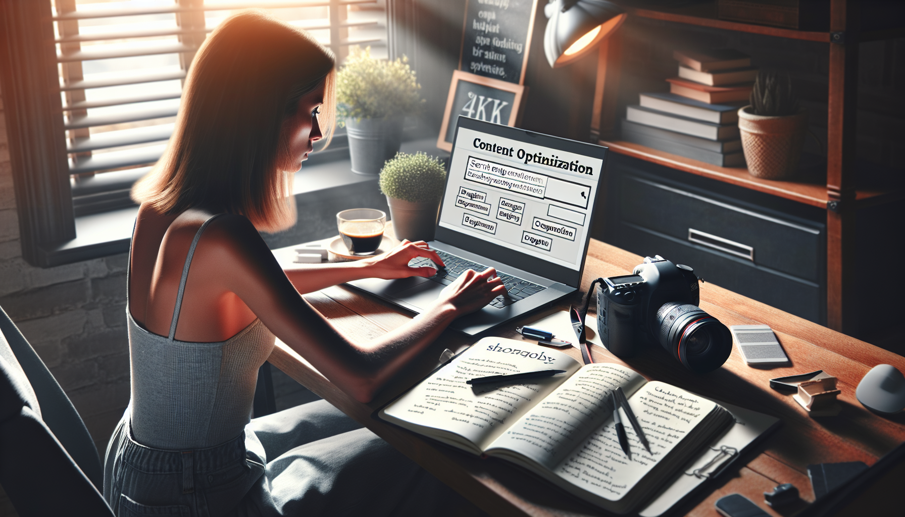 realistic photo of a blogger optimizing content with keywords highlighted on laptop screen, notebook with SEO notes, coffee cup on desk, cozy home office, natural lighting, DSLR camera, high detail, 4k