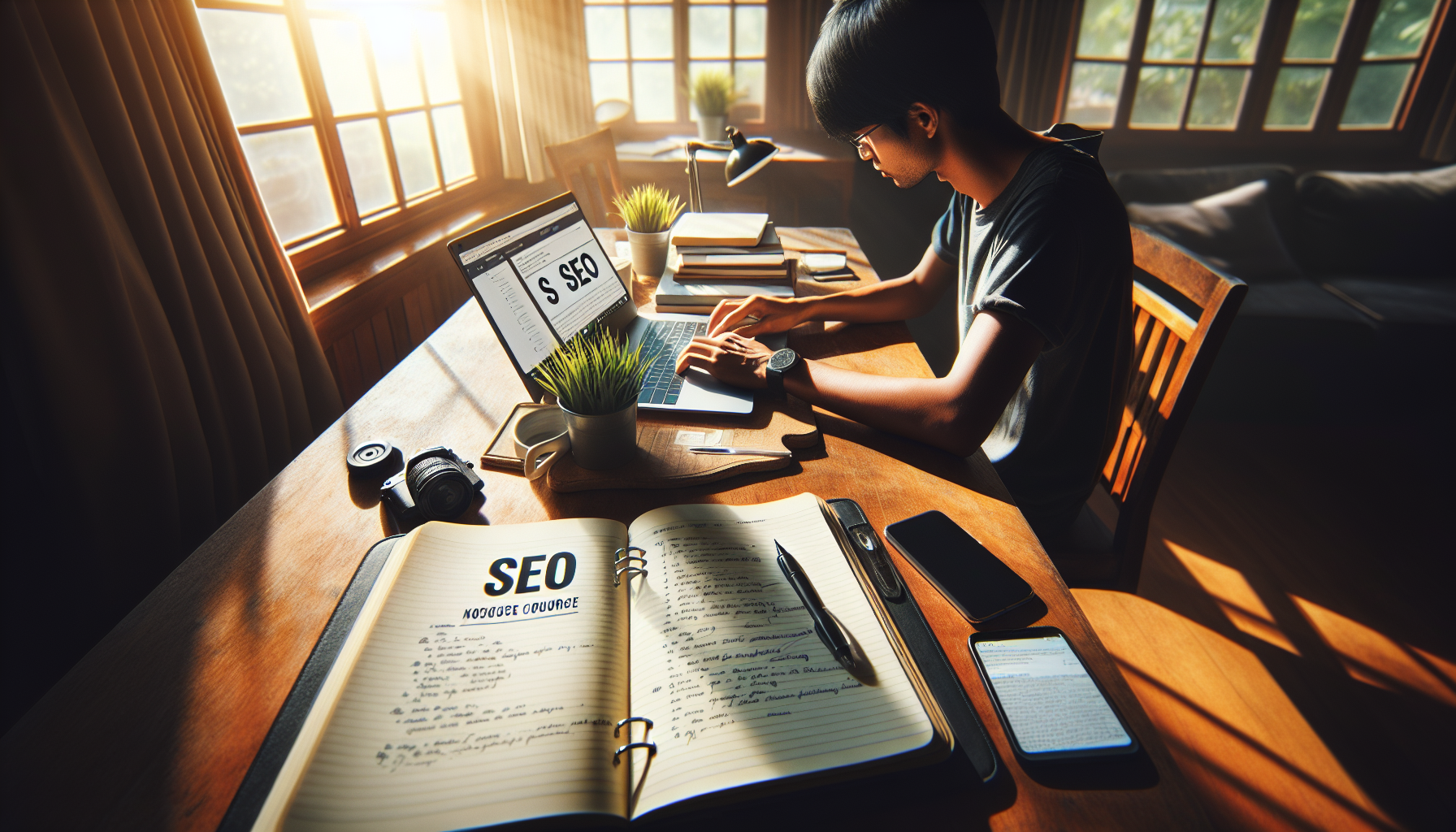 realistic photo of a Pakistani beginner watching an SEO course on laptop, taking notes in notebook, casual home environment, mobile phone on desk, natural lighting, DSLR photography, high detail, 4k