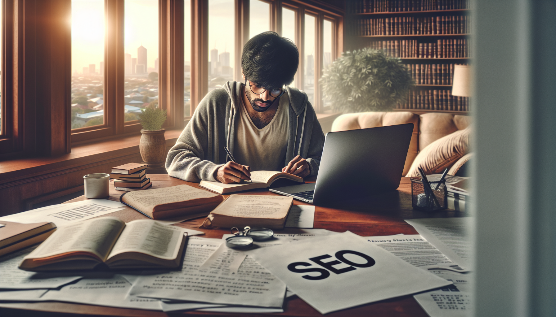 realistic photo of a Pakistani freelancer planning Fiverr SEO strategy, writing in notebook, laptop closed, papers with notes (no text), calm indoor workspace, natural lighting, DSLR photography, high detail, 4k, no text visible