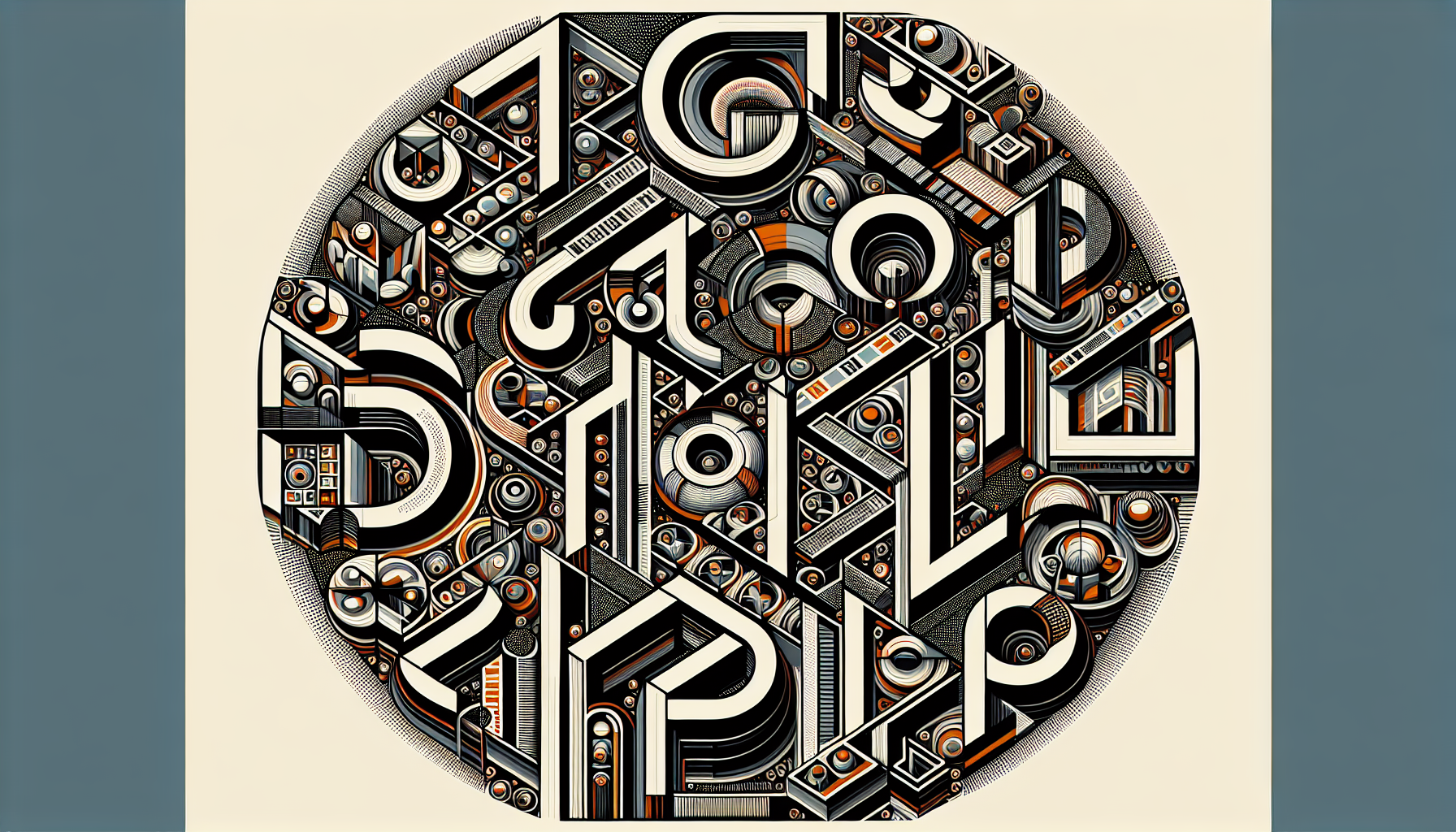 Typographic characters with consistent geometric construction and stable internal proportions positioned close to the viewer within a wide-angle field of view, with characters distributed across the frame so those near the center retain stable proportions while those toward the edges appear progressively stretched and laterally expanded due to peripheral distortion, the distortion affecting the projection across the image while each character maintains precise structural form, uniform stroke behavior, and unchanged internal proportions