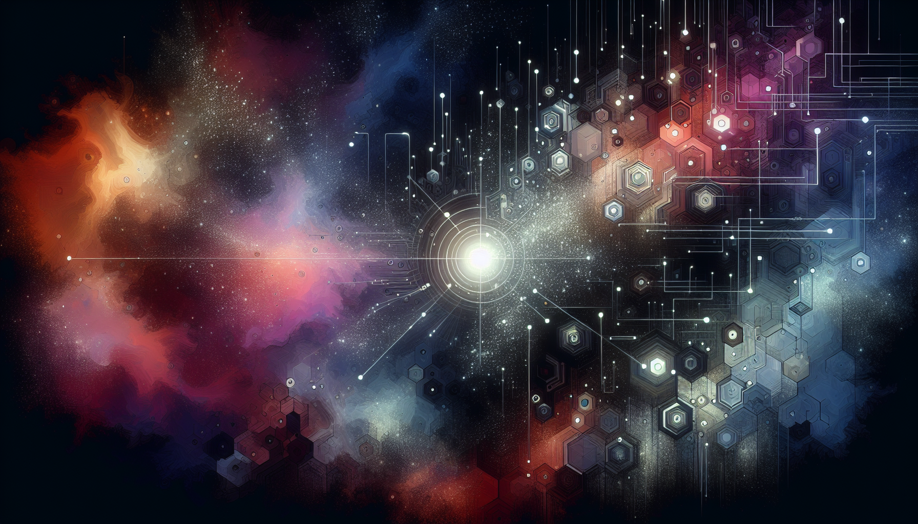 Ultra-wide horizontal mural, abstract expressionist meets tech minimalism. Dark cosmic background fading from near-black (#1A1A2E) to deep charcoal (#2E2E3A). The entire composition breathes outward from an empty luminous center — reserved clean space for a corporate logo. From the left edge, organic geometric forms emerge: interlocking hexagons and angular fragments that slowly dissolve into flowing data streams, like matter becoming signal. From the right edge, fine circuit-like lines converge inward, branching like neural networks or root systems — suggesting intelligence growing beneath the surface. Where both forces meet near the center, they do not collide — they transform. A soft aurora of violet light (#7F77DD) pulses through the transition zone, evoking the invisible moment when a company changes — not its machines, but its people's way of seeing. No human figures. No icons. No text. The transformation is felt, not explained. Color palette: #534AB7, #7F77DD, off-white, dark gray. Subtle particle dust and light diffusion effects. Flat vector base with painterly glow overlays. Aspect ratio 16:3. 300 DPI.