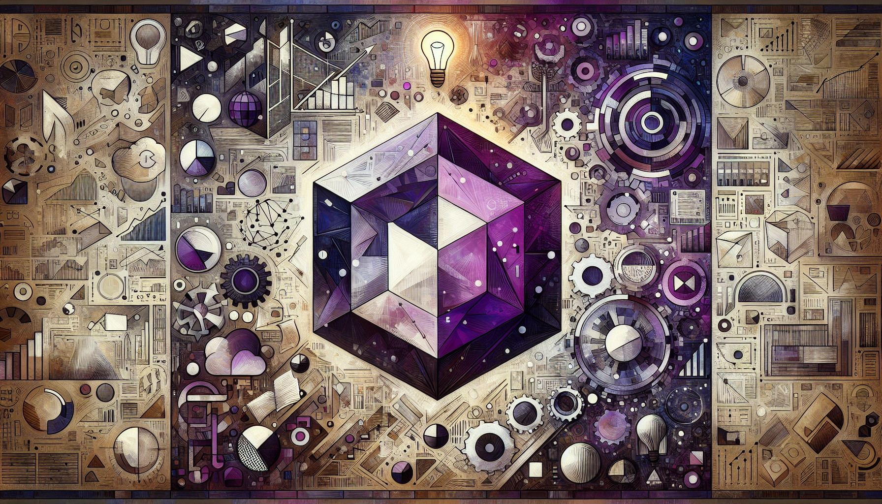 Ultra high resolution panoramic mural design, central area reserved for Ingenio Solutions logo (real colors, violet/purple #7F77DD / #534AB7, white, dark gray). Left side: chaotic abstract scene with geometric shapes in disarray, scattered garabatos, broken business charts, dispersed bills, dim lightbulbs, symbolizing confused ideas. Transition through the central logo area into the right side: harmonious and organized business imagery, clean industrial buildings, interlocking gears, abstract representations of software and manufacturing processes, connectivity lines, digital transformation motifs. Inspired subtly by a prism refracting light into a rainbow spectrum, metaphor of clarity and transformation. Style: conceptual fusion of digital art and oil painting texture, antique canvas brush strokes combined with modern digital vibrancy. Palette restricted to institutional colors (violet/purple #7F77DD / #534AB7, white, dark gray) complemented with neutral tones. No text, no third-party logos, no recognizable faces. Composition wide and horizontal, minimum 300 DPI, mural-ready